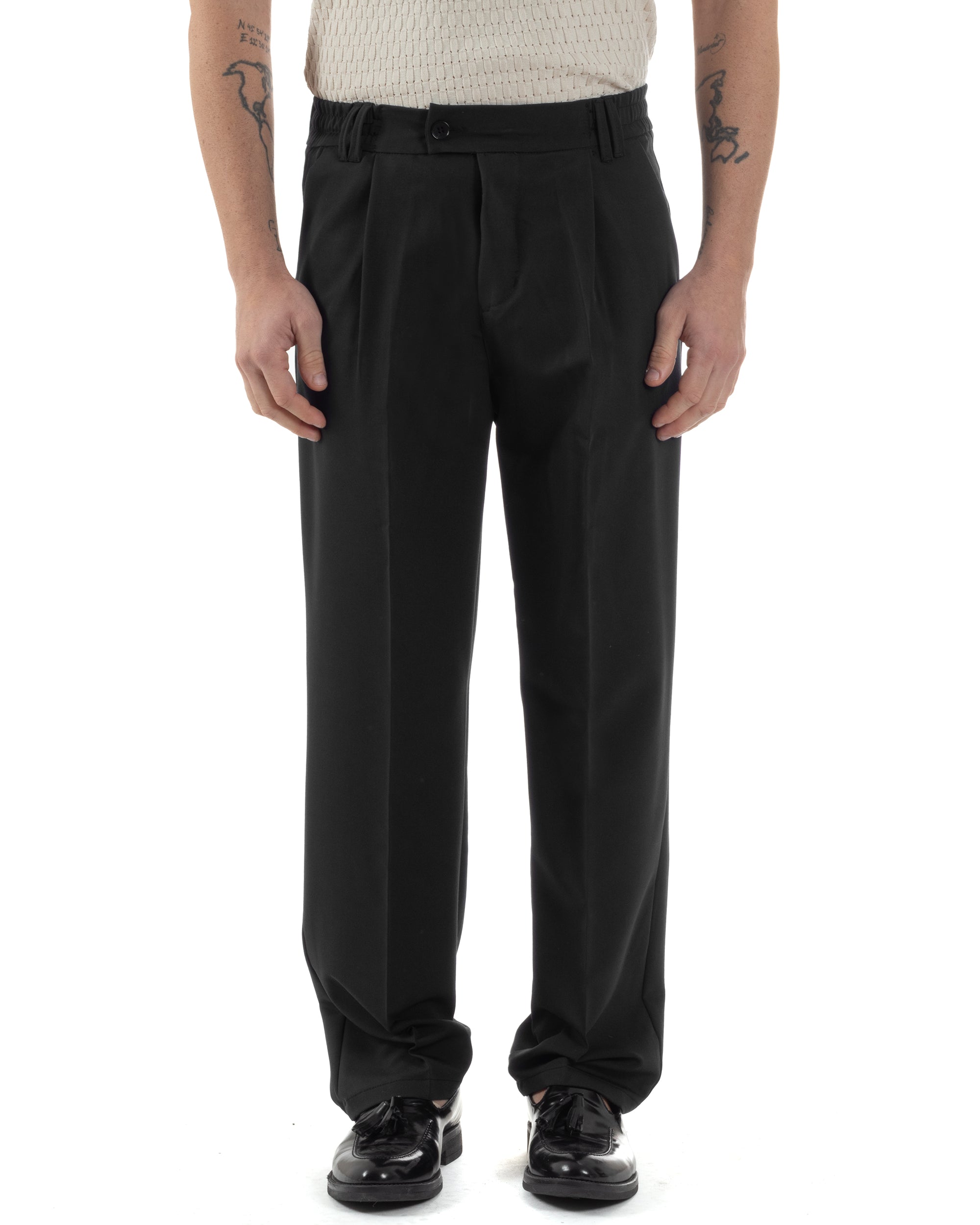 Pantaloni Uomo Viscosa Baggy Lungo Fondo Ampio Wide Leg Elastico Sul Retro Abbottonatura Allungata Casual Elegante Nero GIOSAL-P6257A