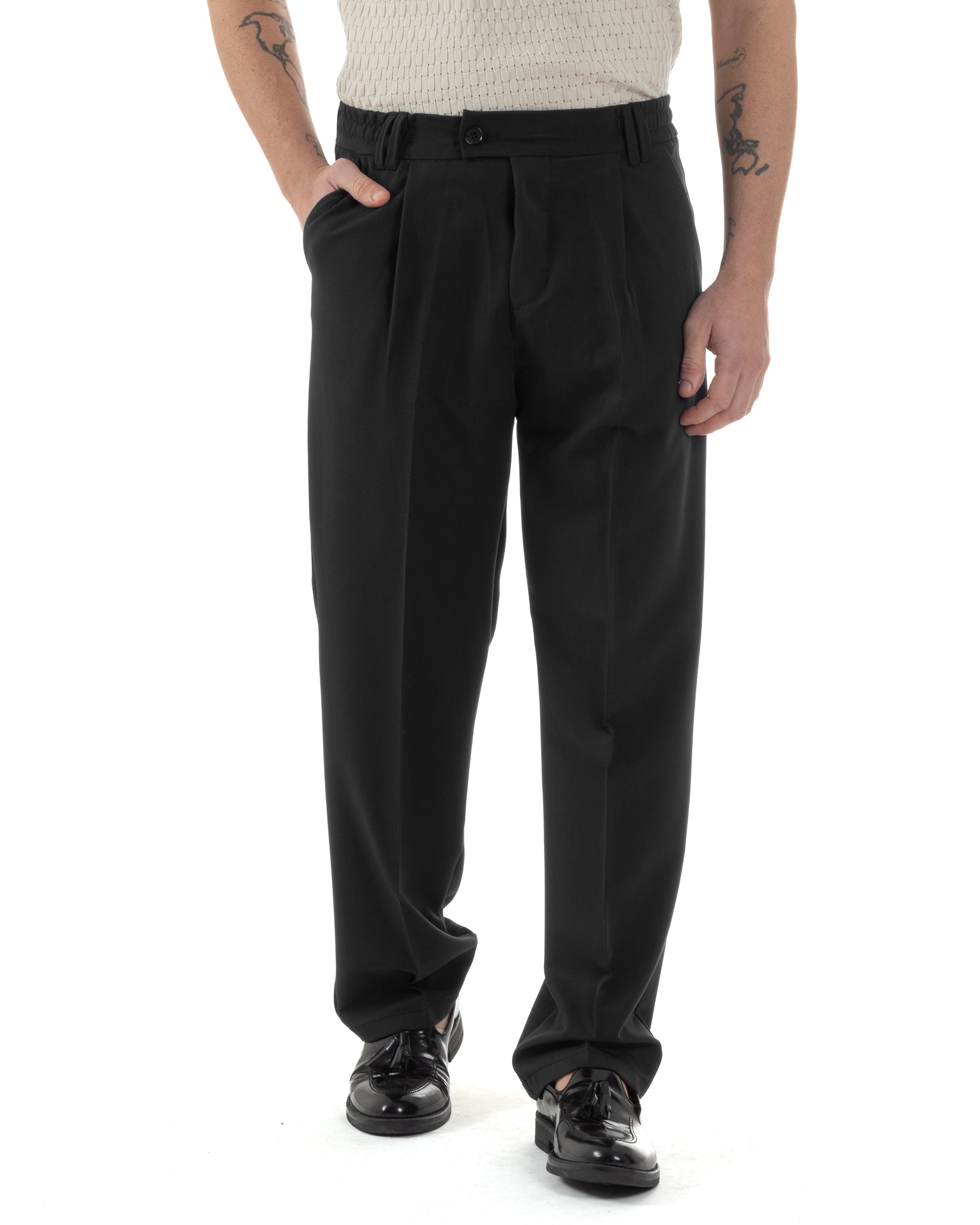 Pantaloni Uomo Viscosa Baggy Lungo Fondo Ampio Wide Leg Elastico Sul Retro Abbottonatura Allungata Casual Elegante Nero GIOSAL-P6257A