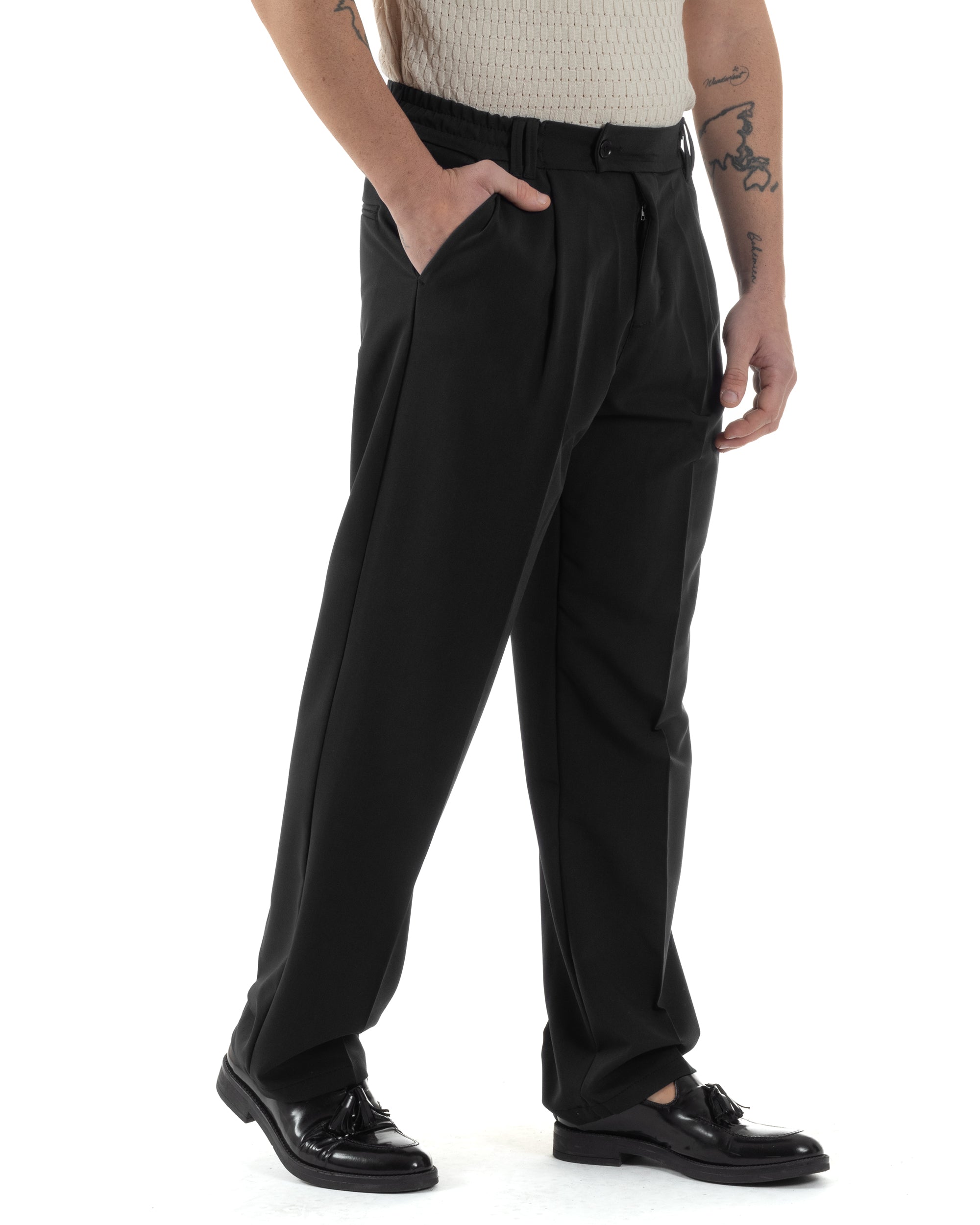 Pantaloni Uomo Viscosa Baggy Lungo Fondo Ampio Wide Leg Elastico Sul Retro Abbottonatura Allungata Casual Elegante Nero GIOSAL-P6257A