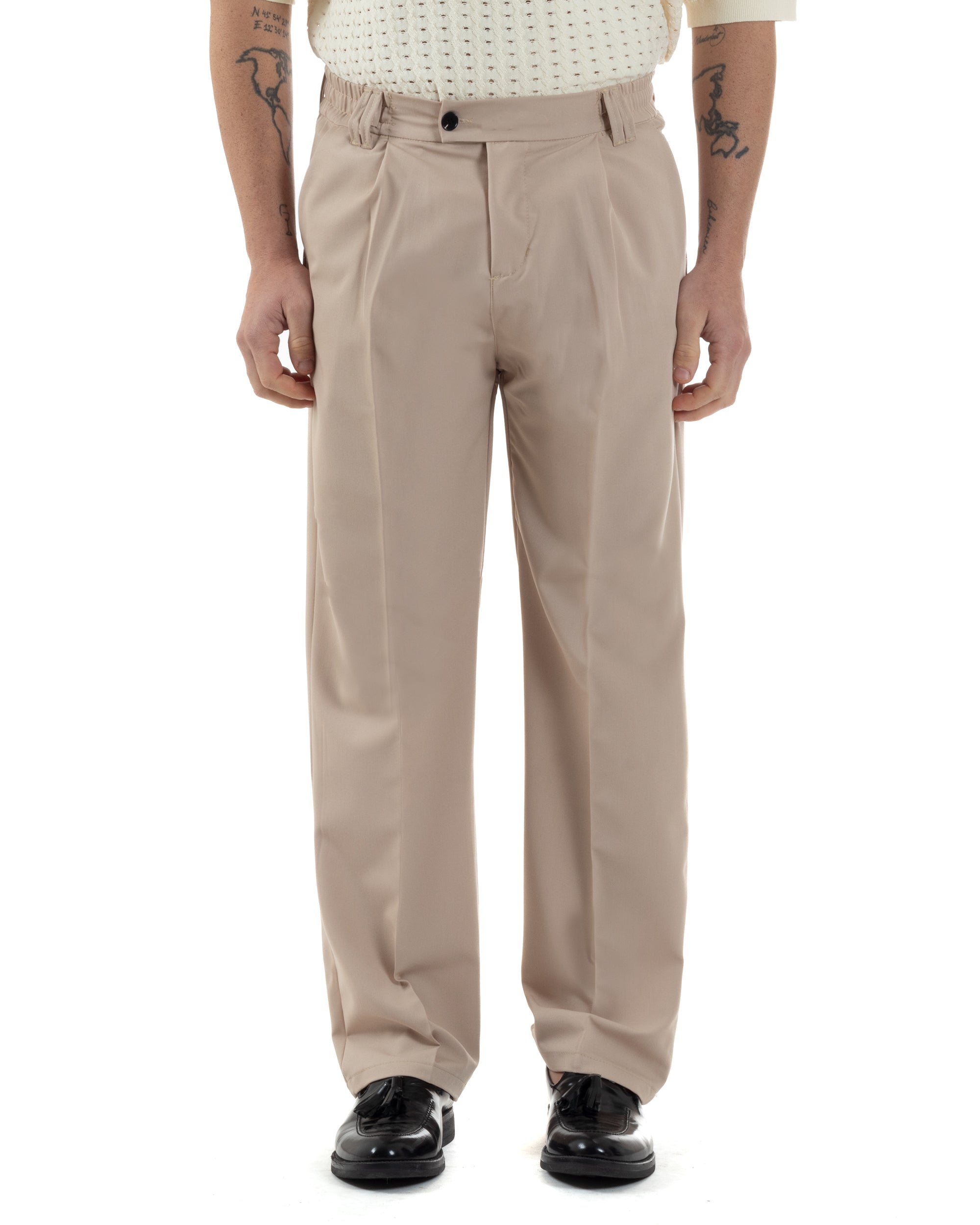 Pantaloni Uomo Viscosa Baggy Lungo Fondo Ampio Wide Leg Elastico Sul Retro Abbottonatura Allungata Casual Elegante Beige GIOSAL-P6258A