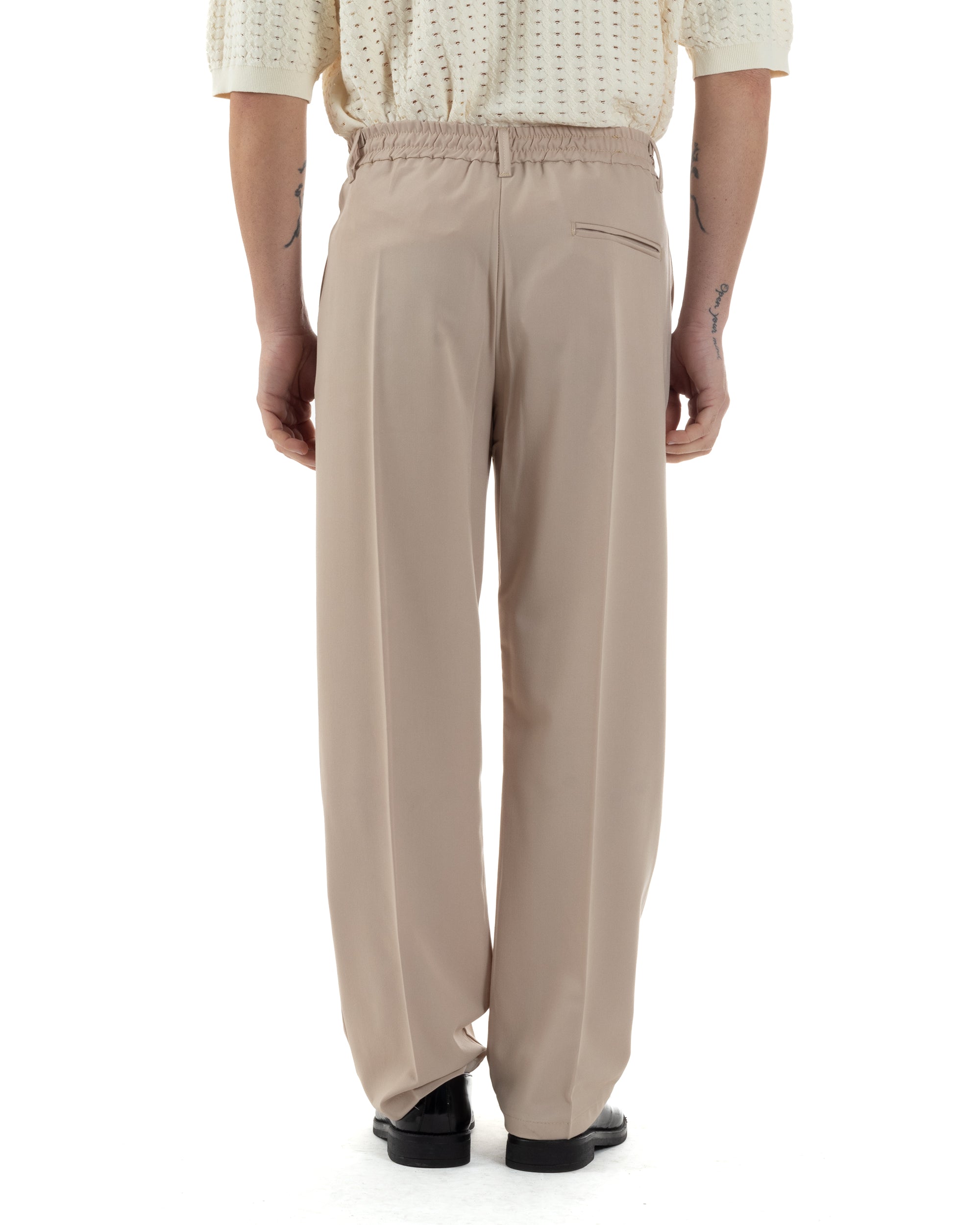 Pantaloni Uomo Viscosa Baggy Lungo Fondo Ampio Wide Leg Elastico Sul Retro Abbottonatura Allungata Casual Elegante Beige GIOSAL-P6258A