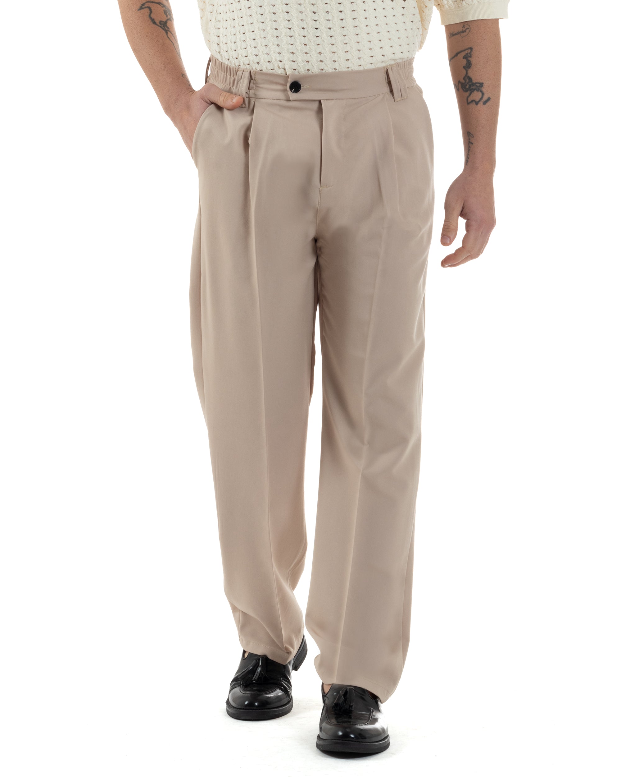 Pantaloni Uomo Viscosa Baggy Lungo Fondo Ampio Wide Leg Elastico Sul Retro Abbottonatura Allungata Casual Elegante Beige GIOSAL-P6258A