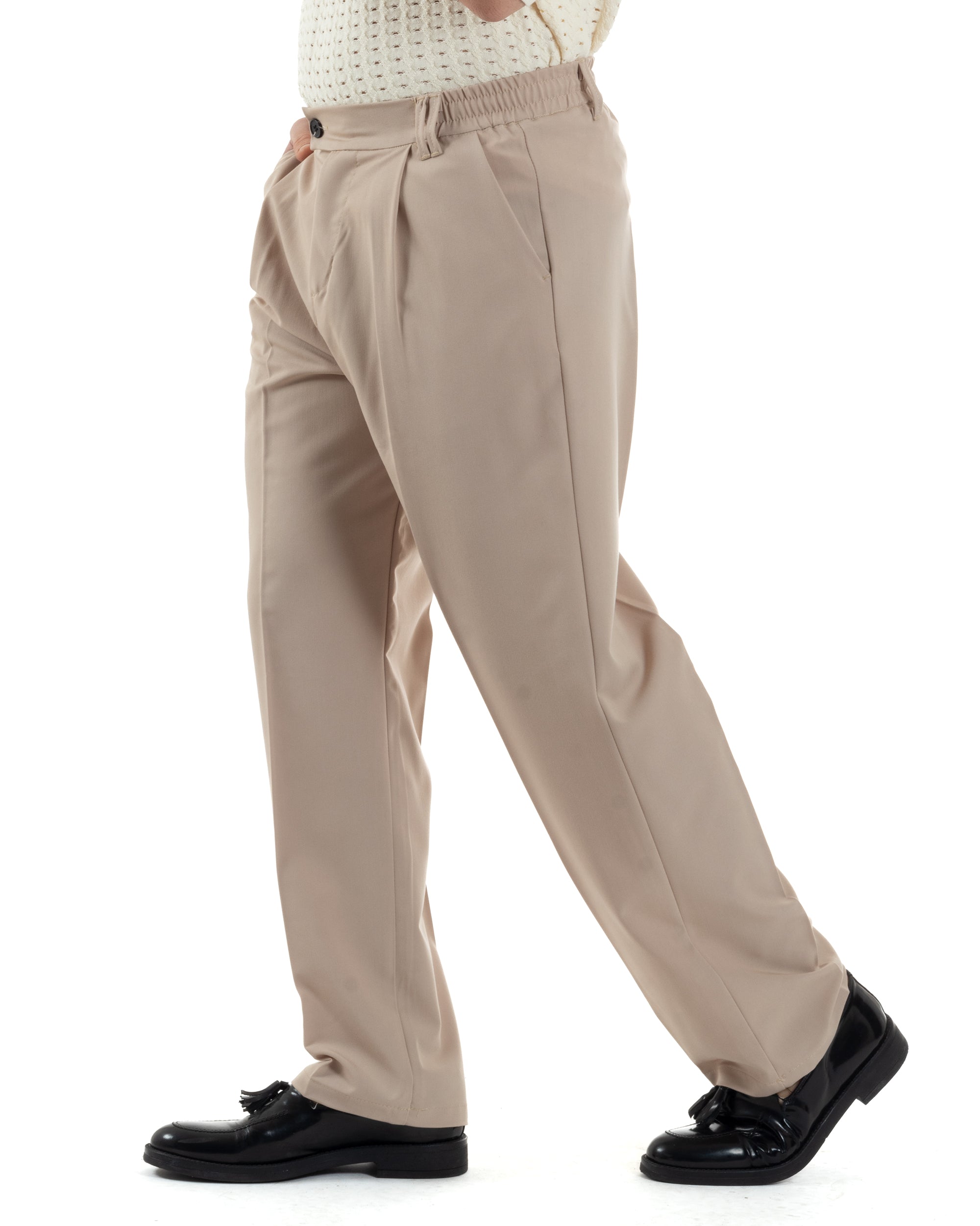 Pantaloni Uomo Viscosa Baggy Lungo Fondo Ampio Wide Leg Elastico Sul Retro Abbottonatura Allungata Casual Elegante Beige GIOSAL-P6258A