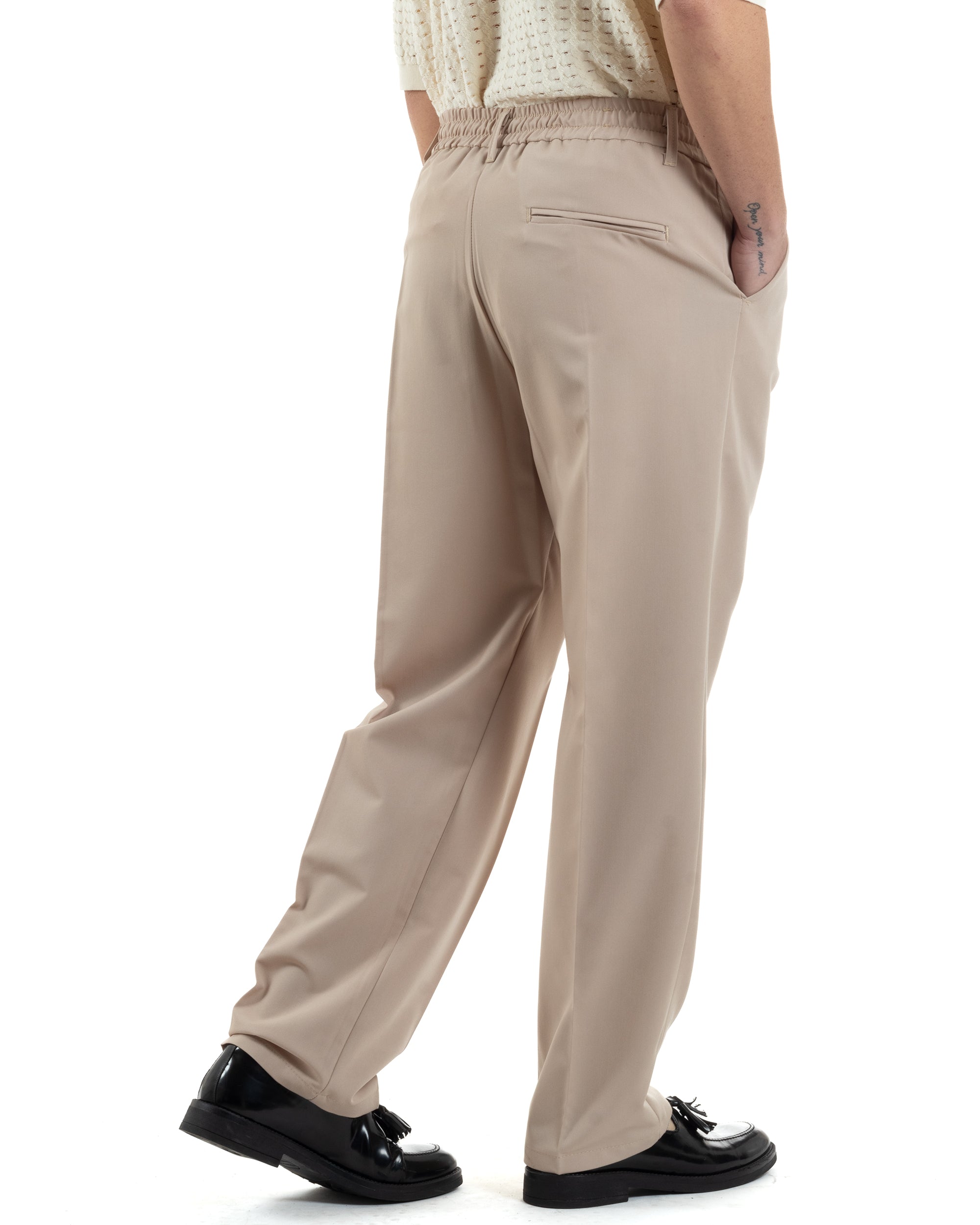 Pantaloni Uomo Viscosa Baggy Lungo Fondo Ampio Wide Leg Elastico Sul Retro Abbottonatura Allungata Casual Elegante Beige GIOSAL-P6258A