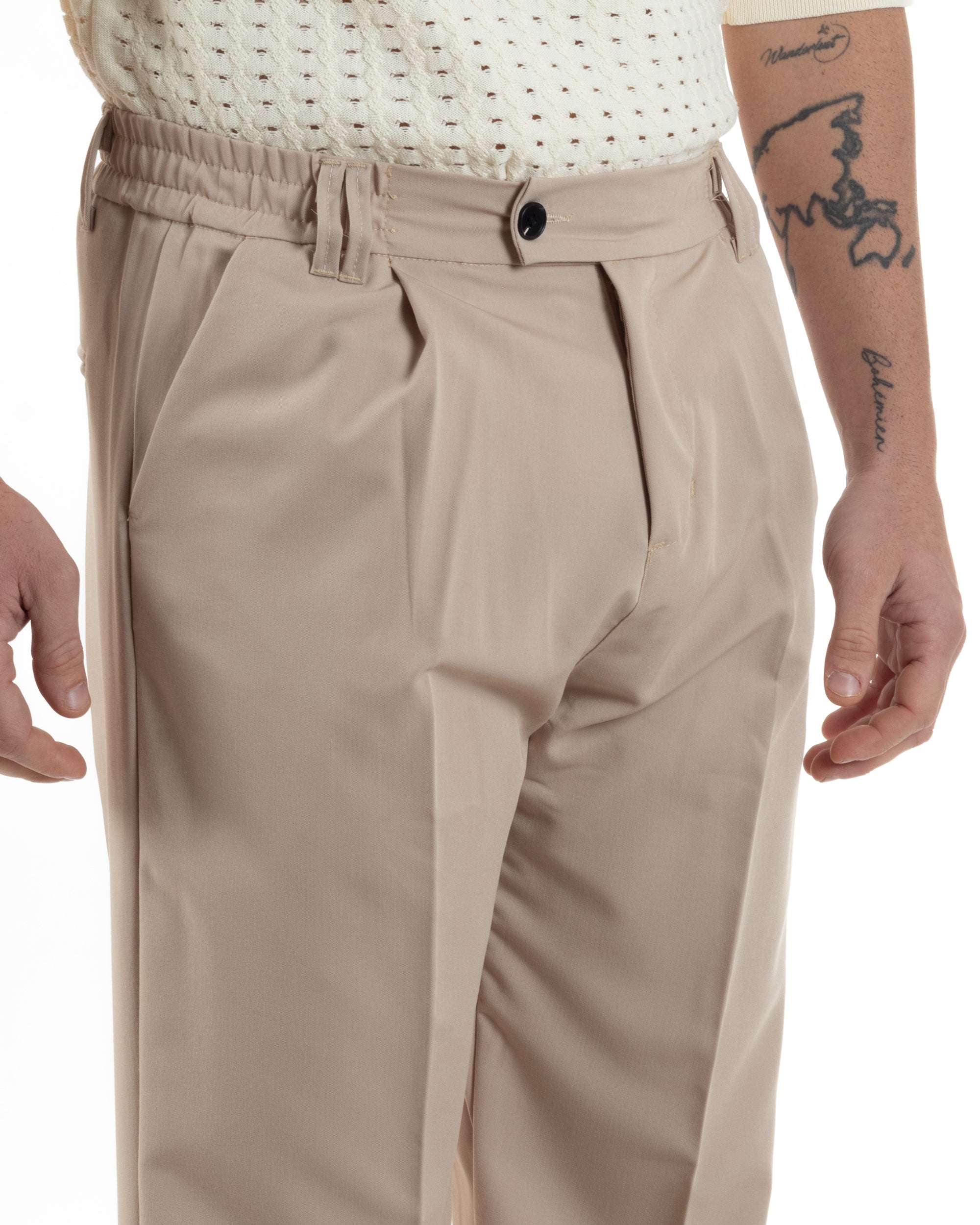 Pantaloni Uomo Viscosa Baggy Lungo Fondo Ampio Wide Leg Elastico Sul Retro Abbottonatura Allungata Casual Elegante Beige GIOSAL-P6258A