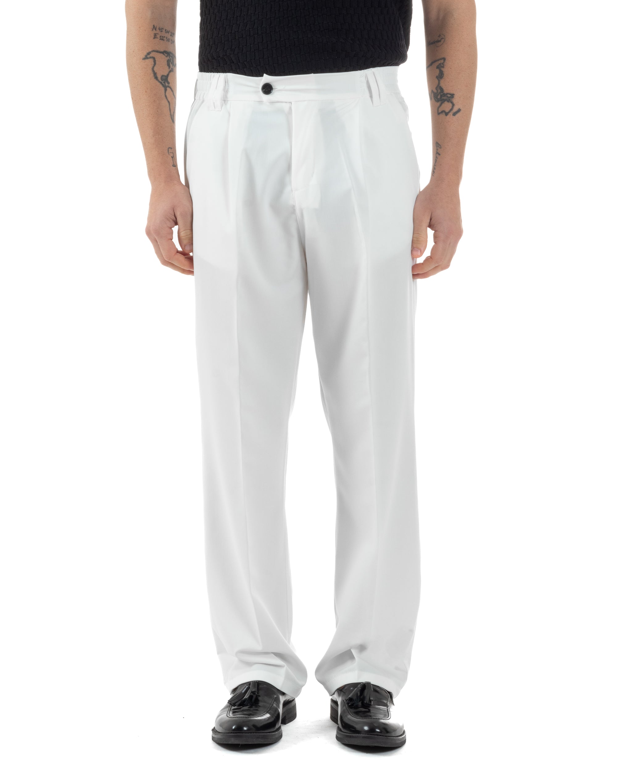 Pantaloni Uomo Viscosa Baggy Lungo Fondo Ampio Wide Leg Elastico Sul Retro Abbottonatura Allungata Casual Elegante Bianco GIOSAL-P6259A