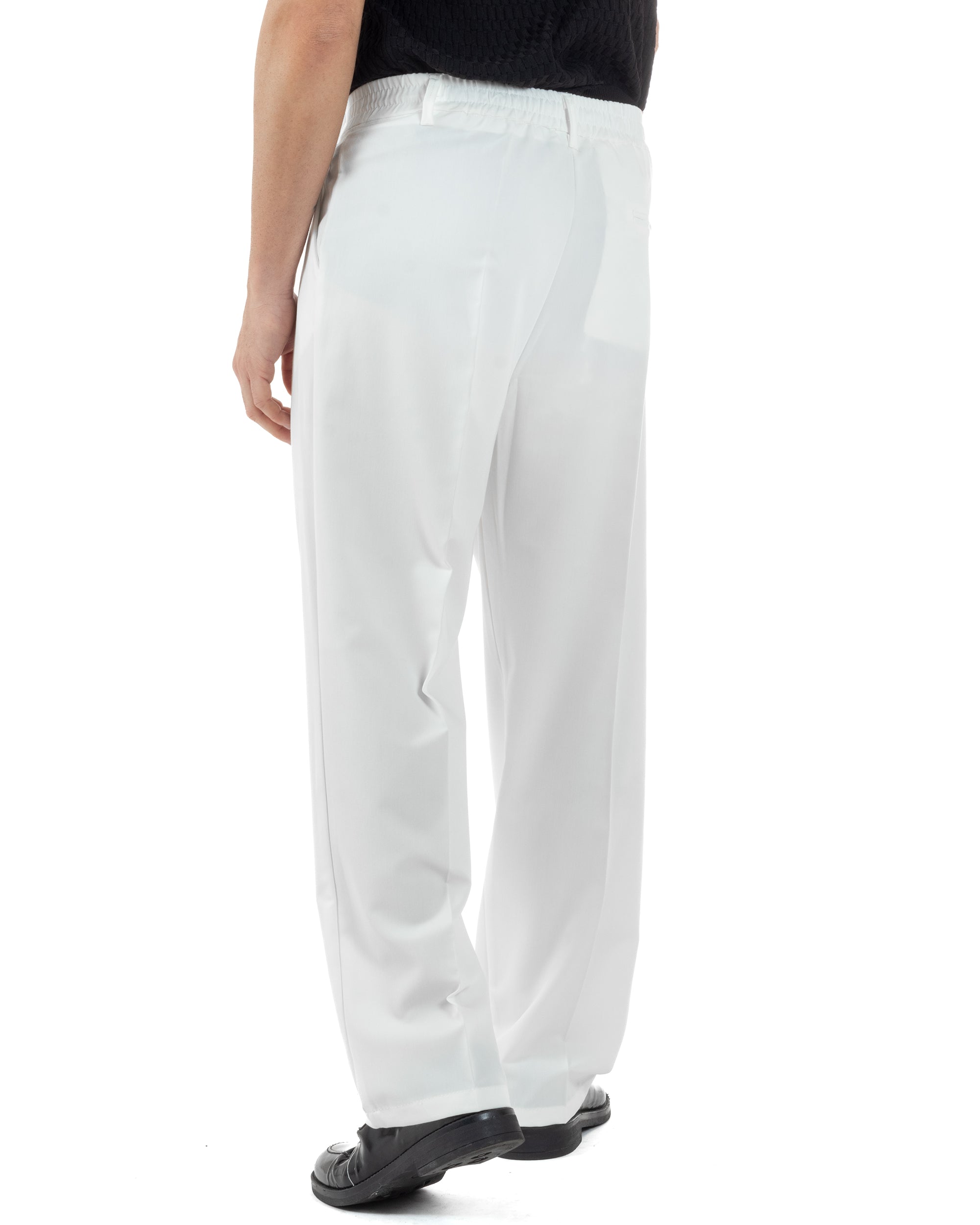 Pantaloni Uomo Viscosa Baggy Lungo Fondo Ampio Wide Leg Elastico Sul Retro Abbottonatura Allungata Casual Elegante Bianco GIOSAL-P6259A