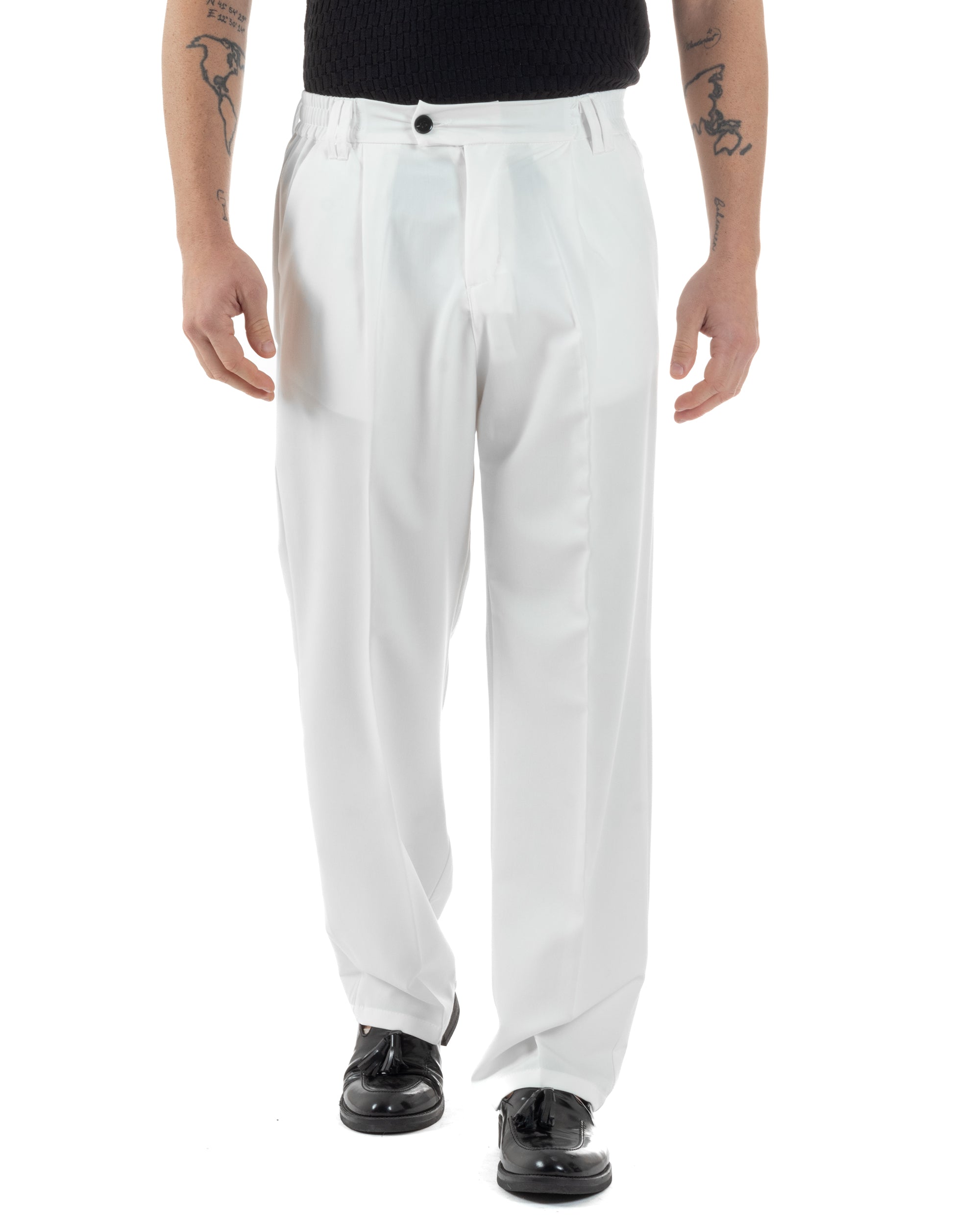 Pantaloni Uomo Viscosa Baggy Lungo Fondo Ampio Wide Leg Elastico Sul Retro Abbottonatura Allungata Casual Elegante Bianco GIOSAL-P6259A