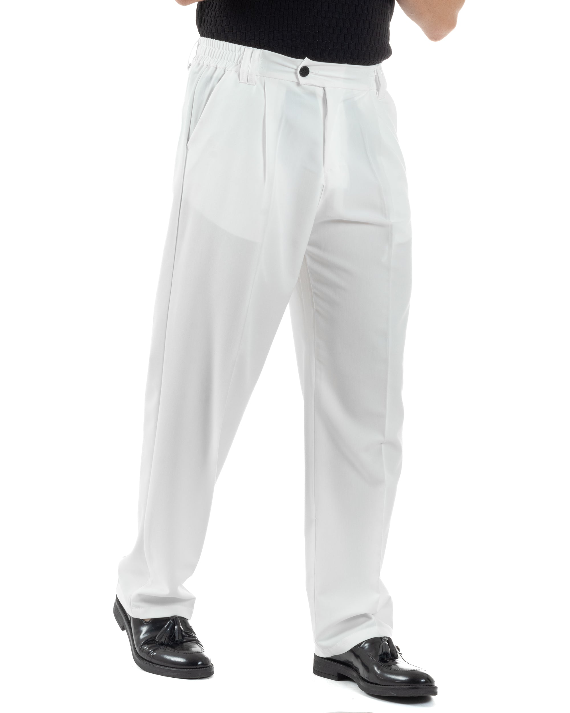 Pantaloni Uomo Viscosa Baggy Lungo Fondo Ampio Wide Leg Elastico Sul Retro Abbottonatura Allungata Casual Elegante Bianco GIOSAL-P6259A