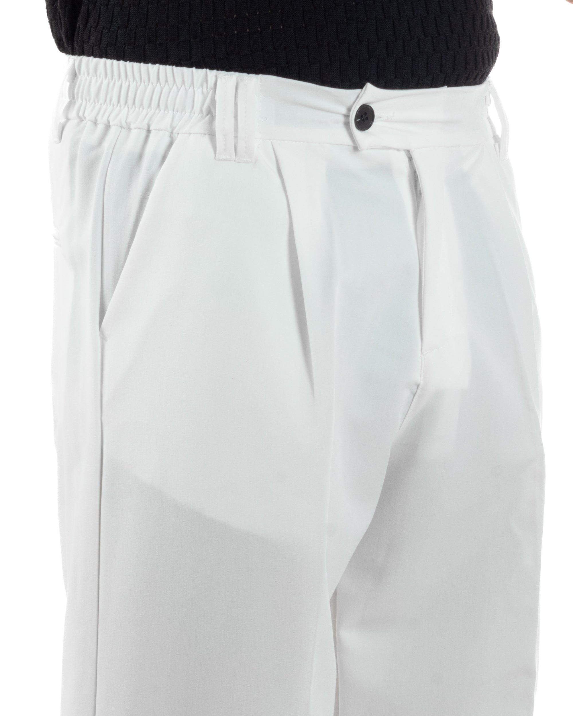 Pantaloni Uomo Viscosa Baggy Lungo Fondo Ampio Wide Leg Elastico Sul Retro Abbottonatura Allungata Casual Elegante Bianco GIOSAL-P6259A