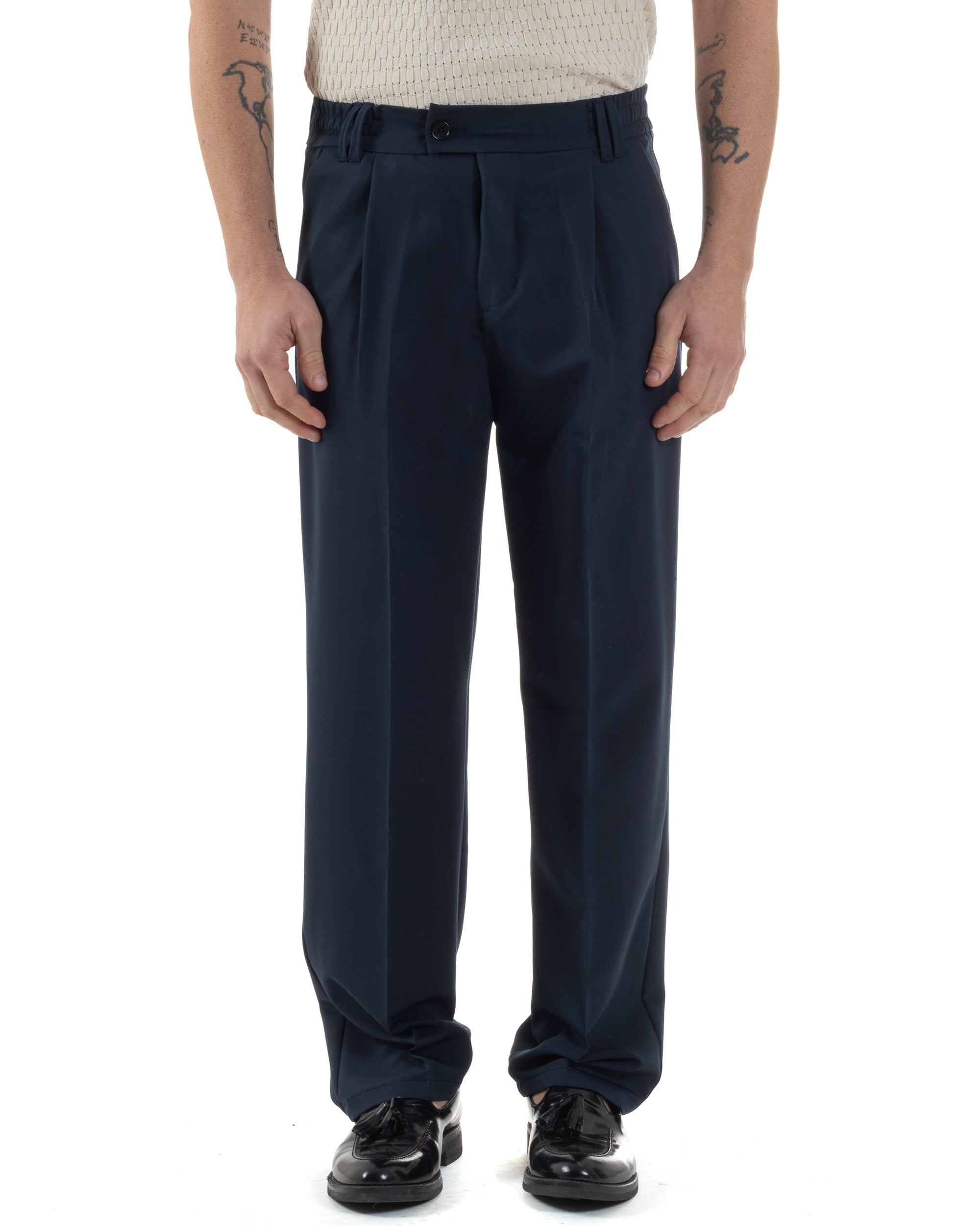 Pantaloni Uomo Viscosa Baggy Lungo Fondo Ampio Wide Leg Elastico Sul Retro Abbottonatura Allungata Casual Elegante Blu GIOSAL-P6260A