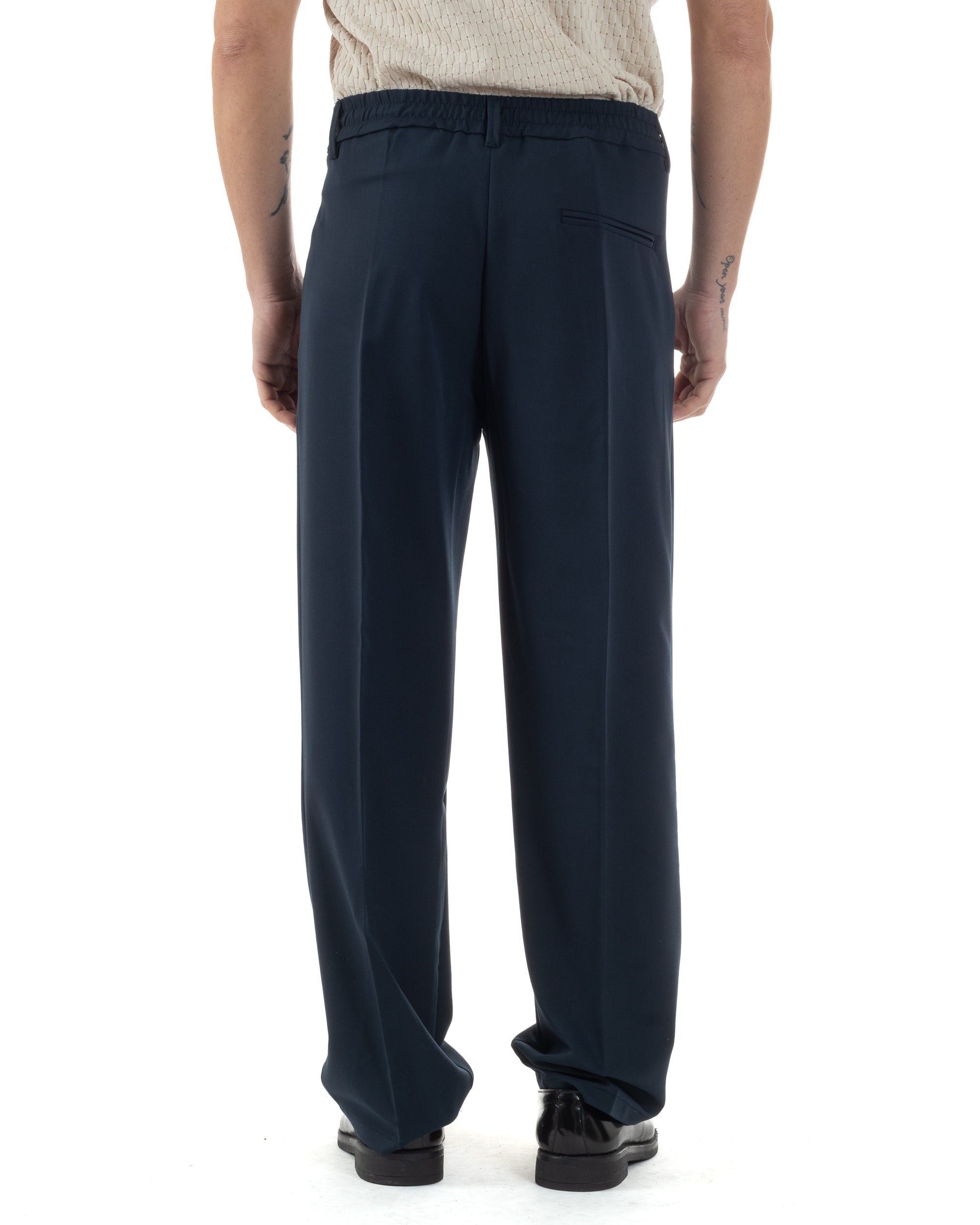 Pantaloni Uomo Viscosa Baggy Lungo Fondo Ampio Wide Leg Elastico Sul Retro Abbottonatura Allungata Casual Elegante Blu GIOSAL-P6260A