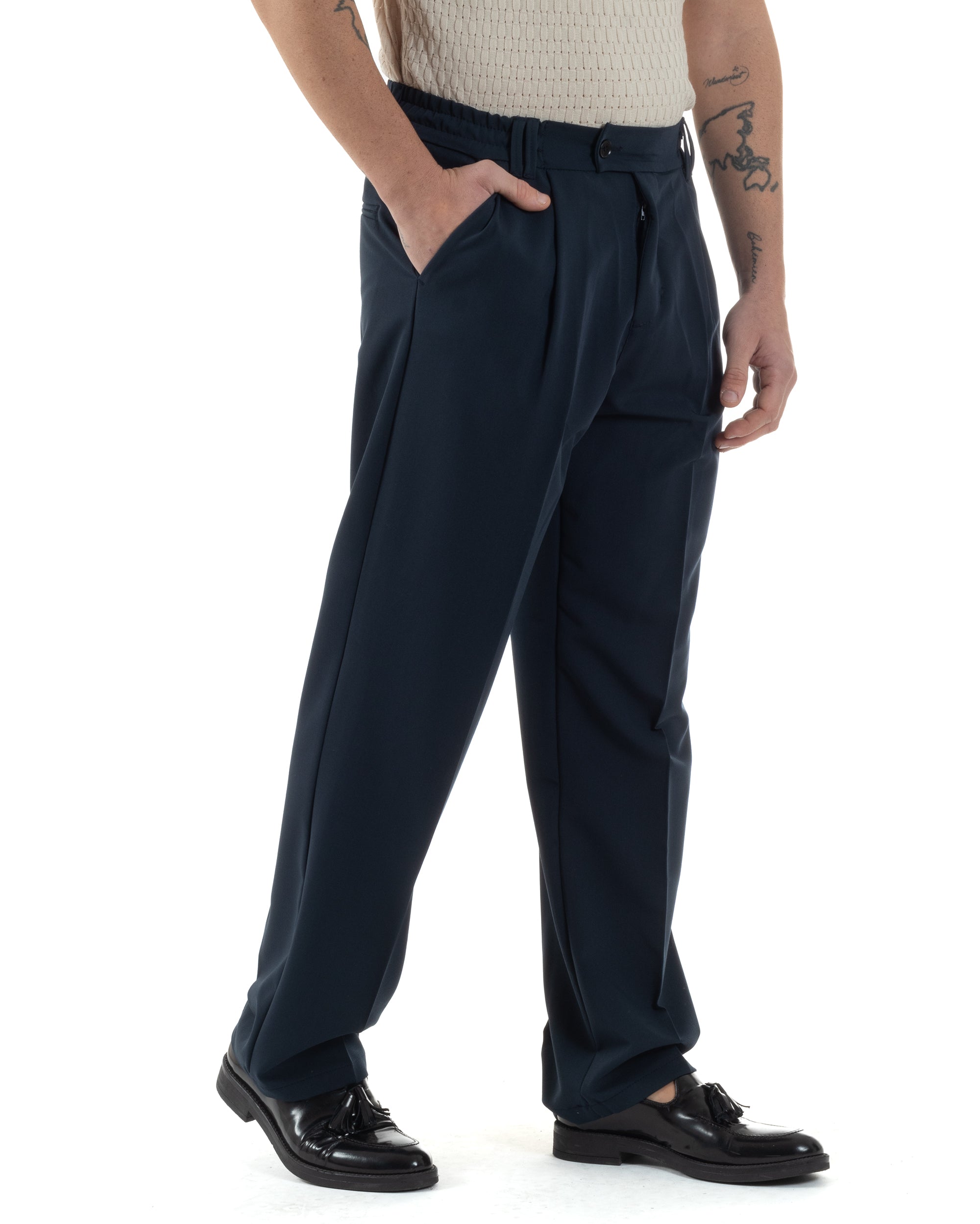 Pantaloni Uomo Viscosa Baggy Lungo Fondo Ampio Wide Leg Elastico Sul Retro Abbottonatura Allungata Casual Elegante Blu GIOSAL-P6260A