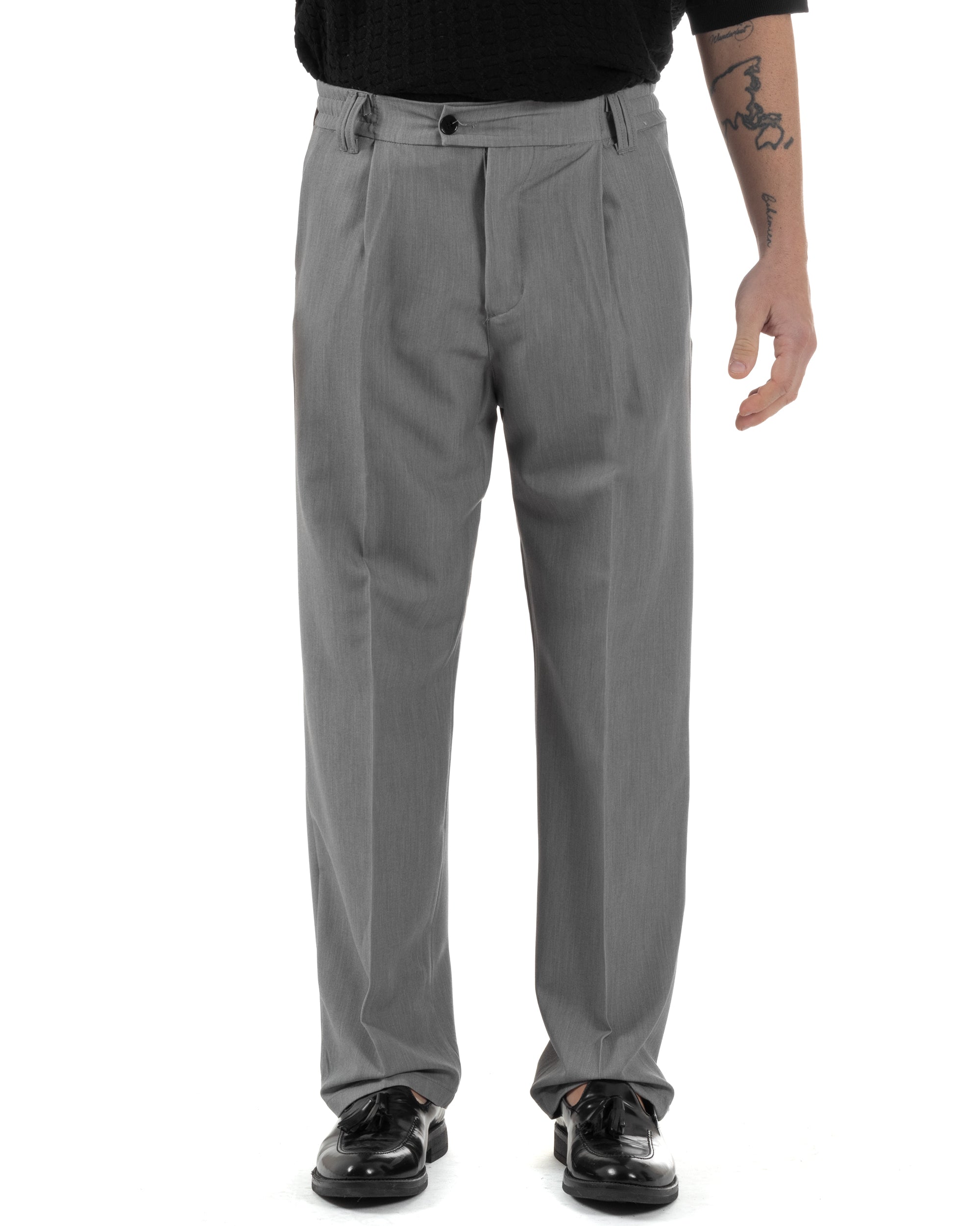 Pantaloni Uomo Viscosa Baggy Lungo Fondo Ampio Wide Leg Elastico Sul Retro Abbottonatura Allungata Casual Elegante Grigio GIOSAL-P6261A