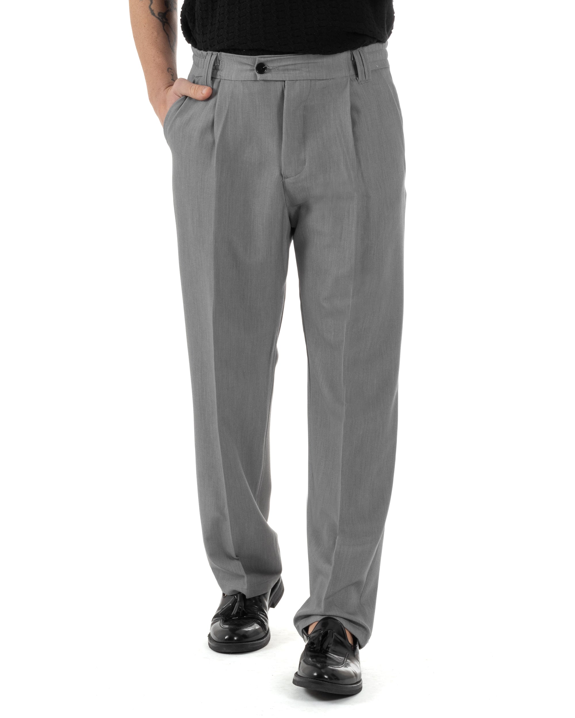 Pantaloni Uomo Viscosa Baggy Lungo Fondo Ampio Wide Leg Elastico Sul Retro Abbottonatura Allungata Casual Elegante Grigio GIOSAL-P6261A