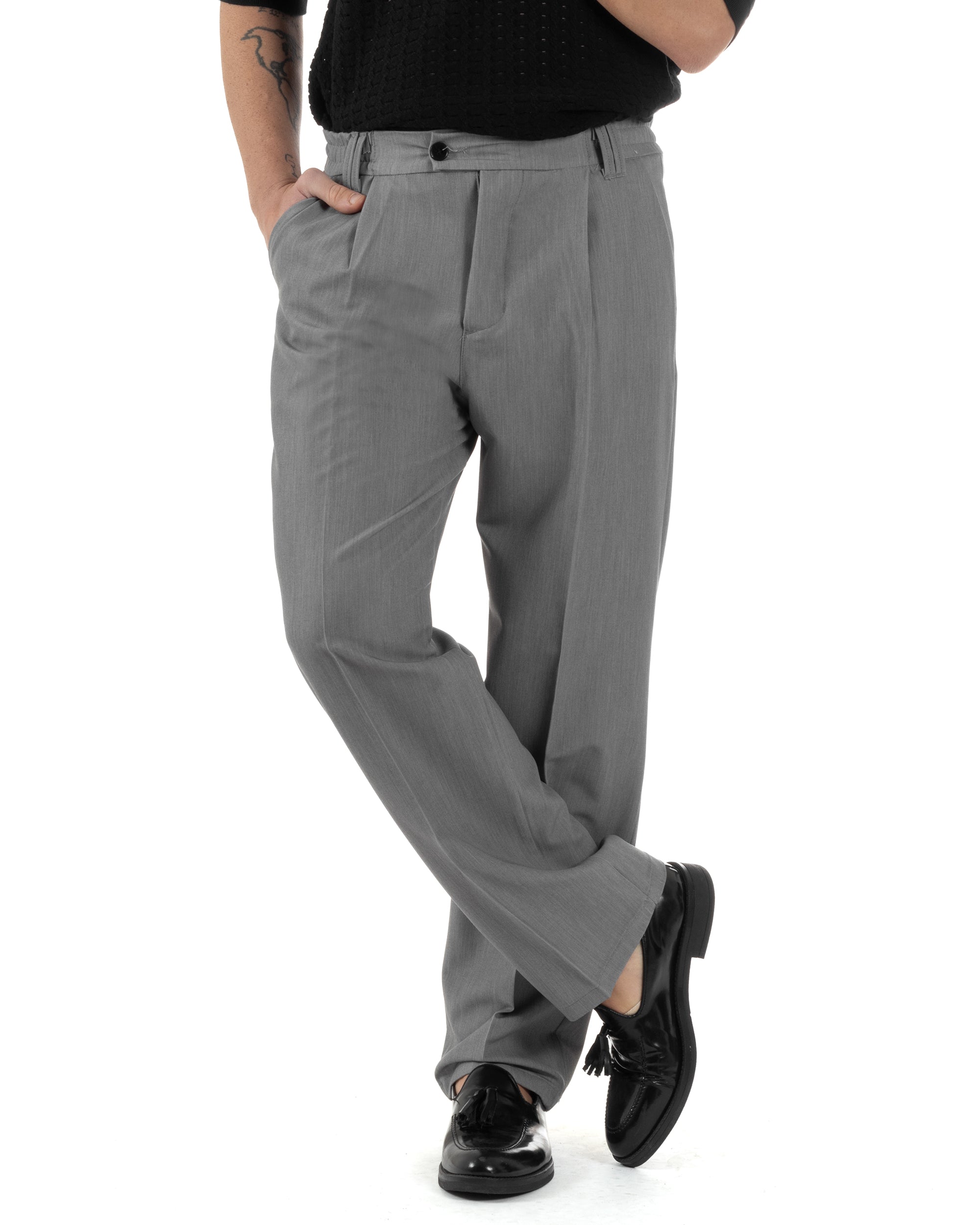 Pantaloni Uomo Viscosa Baggy Lungo Fondo Ampio Wide Leg Elastico Sul Retro Abbottonatura Allungata Casual Elegante Grigio GIOSAL-P6261A