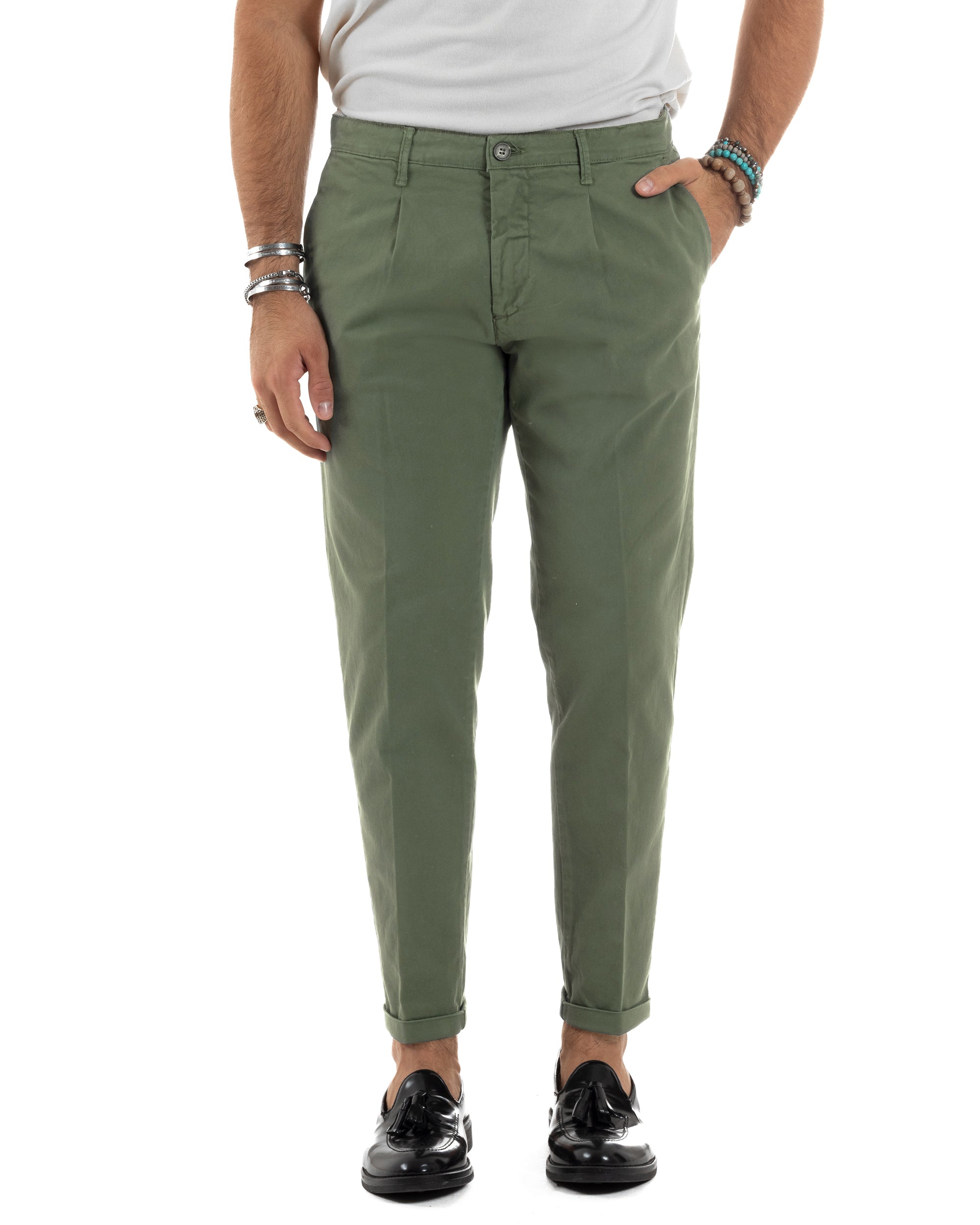 Pantaloni Uomo Cotone Chino Tasca America Capri Basic Sartoriale Slim Fit Casual Verde Militare GIOSAL-P6262A