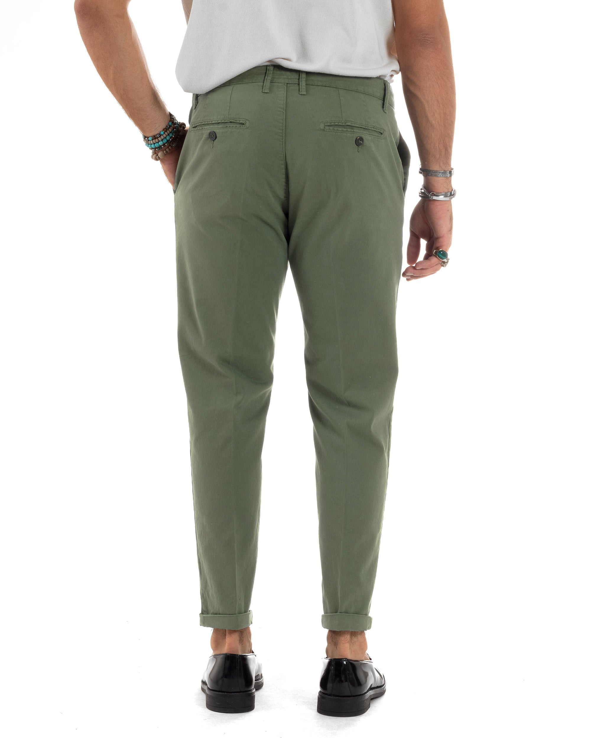 Pantaloni Uomo Cotone Chino Tasca America Capri Basic Sartoriale Slim Fit Casual Verde Militare GIOSAL-P6262A
