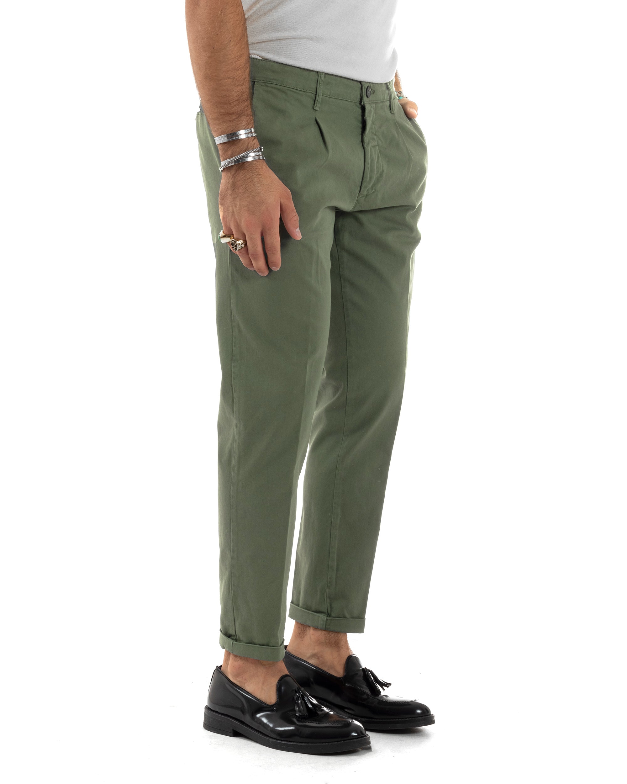 Pantaloni Uomo Cotone Chino Tasca America Capri Basic Sartoriale Slim Fit Casual Verde Militare GIOSAL-P6262A