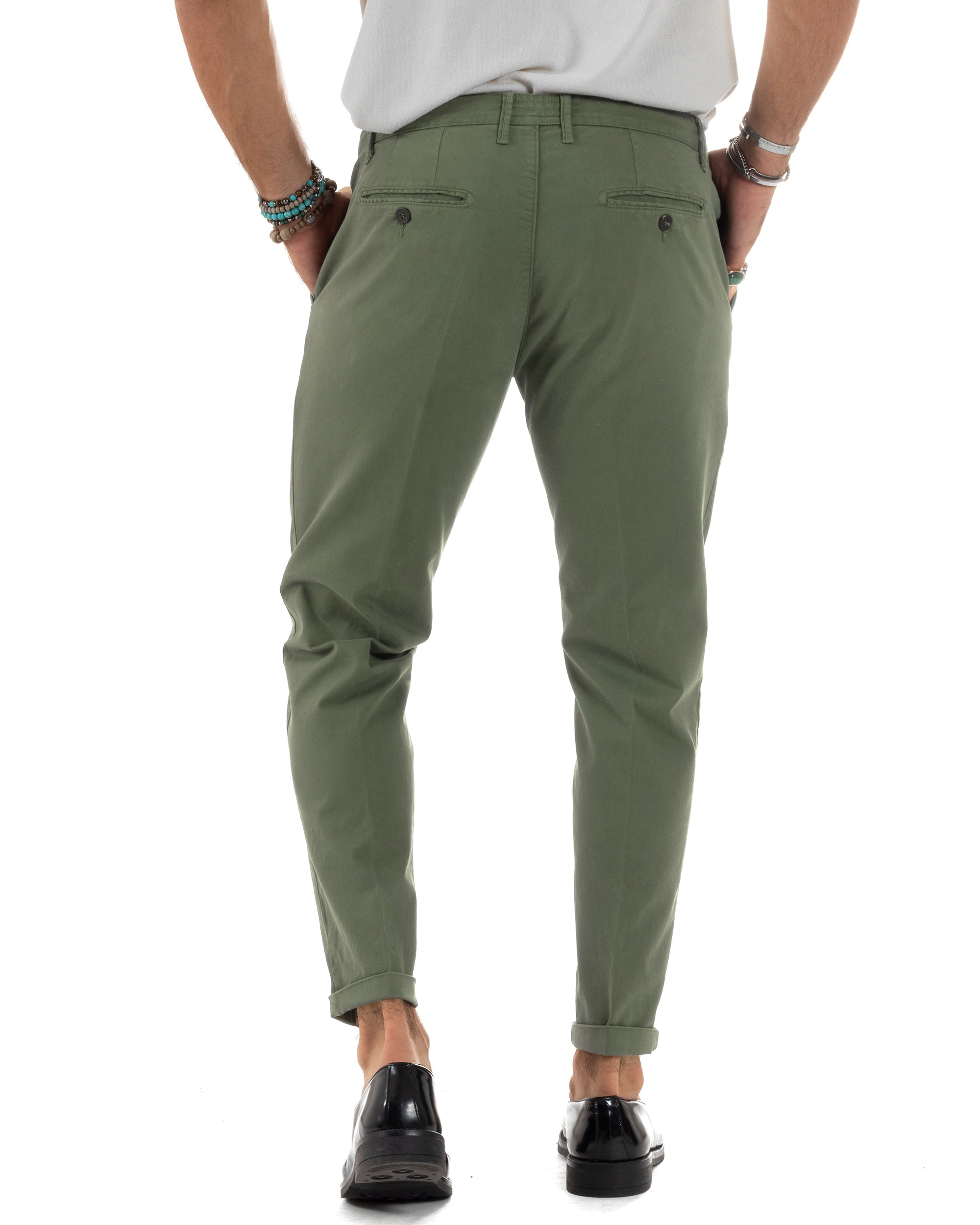 Pantaloni Uomo Cotone Chino Tasca America Capri Basic Sartoriale Slim Fit Casual Verde Militare GIOSAL-P6262A