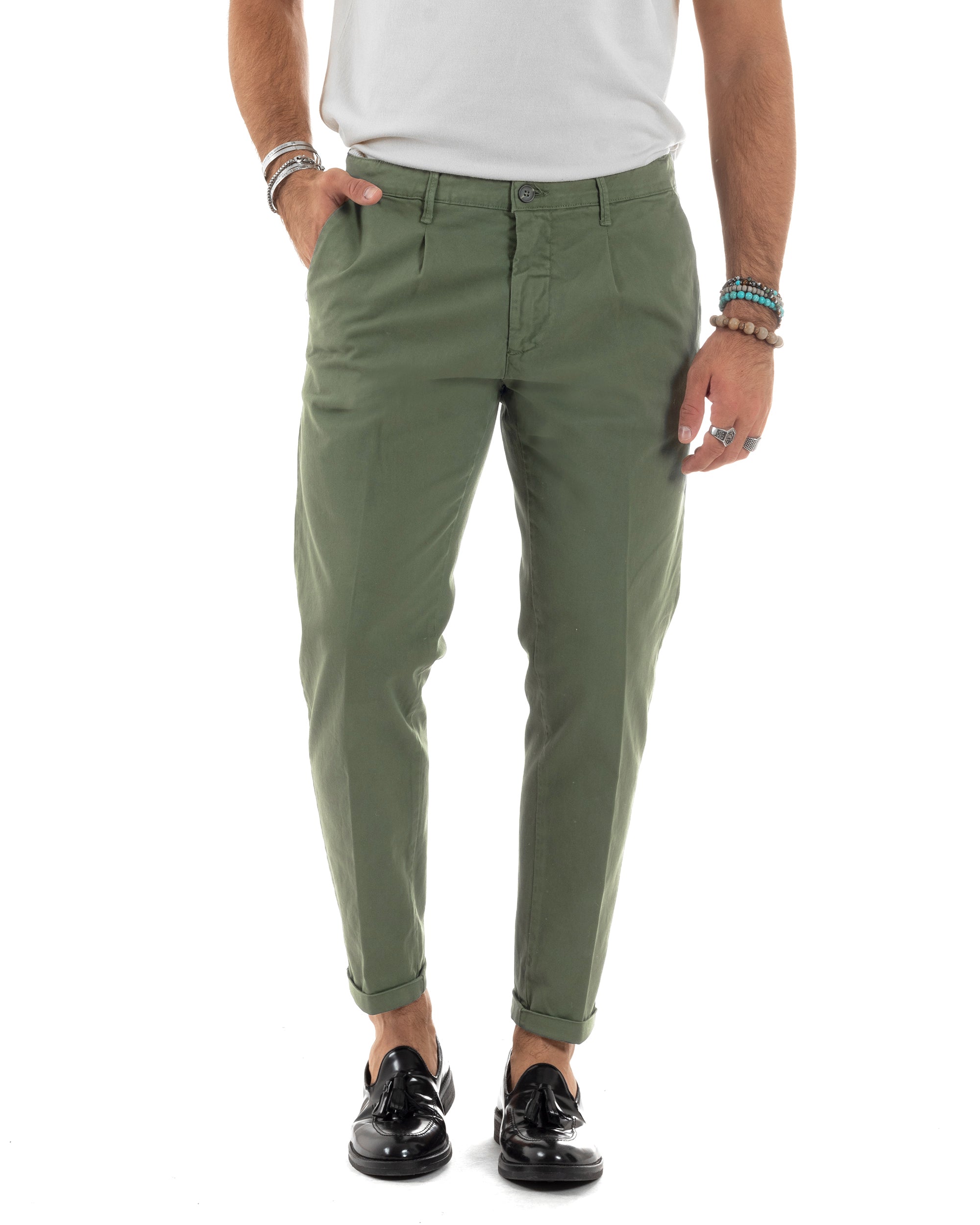 Pantaloni Uomo Cotone Chino Tasca America Capri Basic Sartoriale Slim Fit Casual Verde Militare GIOSAL-P6262A