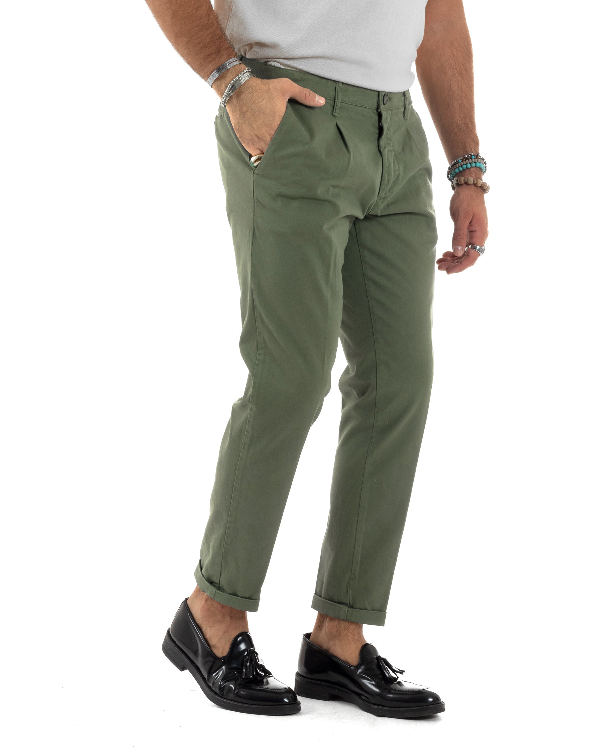 Pantaloni Uomo Cotone Chino Tasca America Capri Basic Sartoriale Slim Fit Casual Verde Militare GIOSAL-P6262A