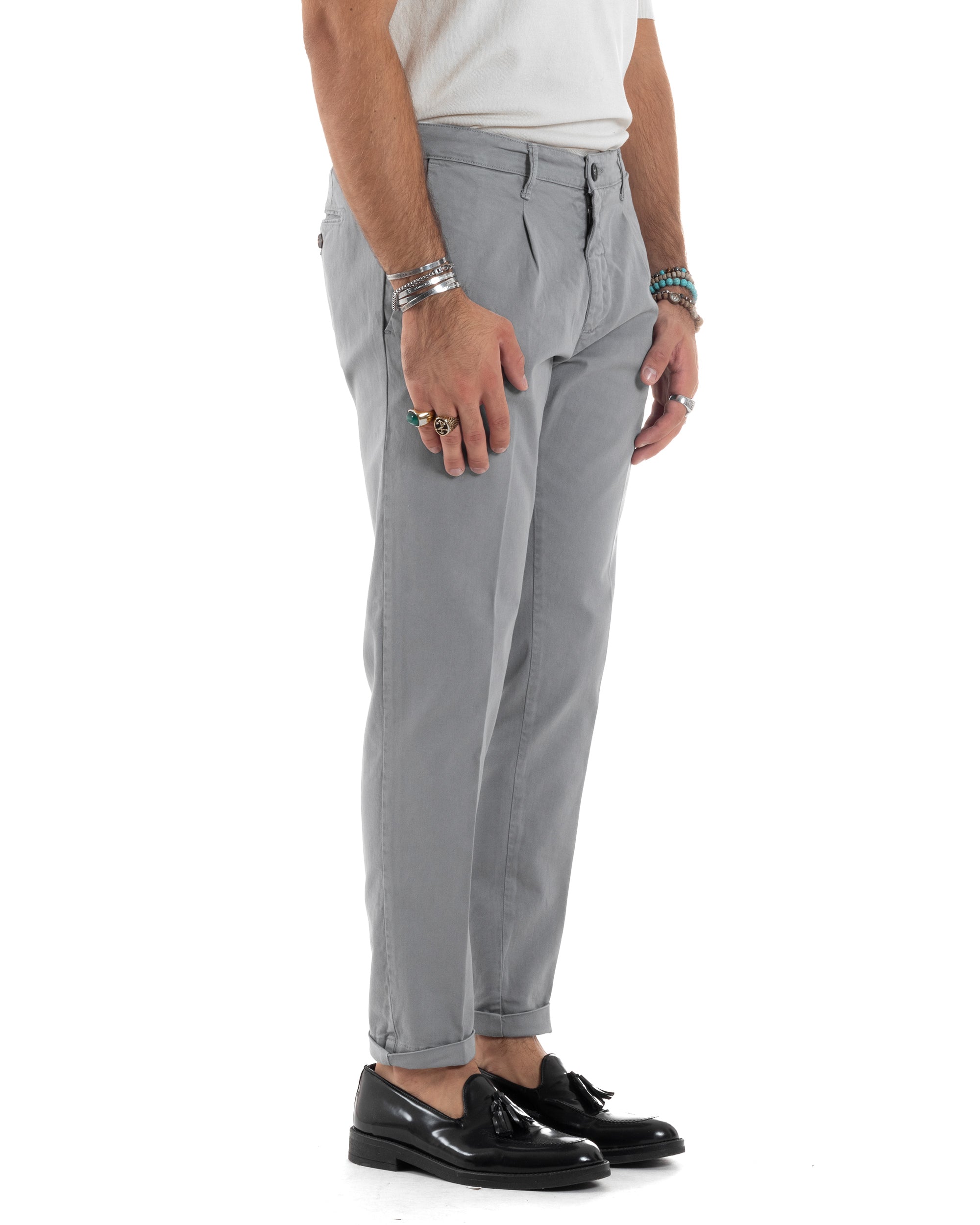 Pantaloni Uomo Cotone Chino Tasca America Capri Basic Sartoriale Slim Fit Casual Grigio GIOSAL-P6265A