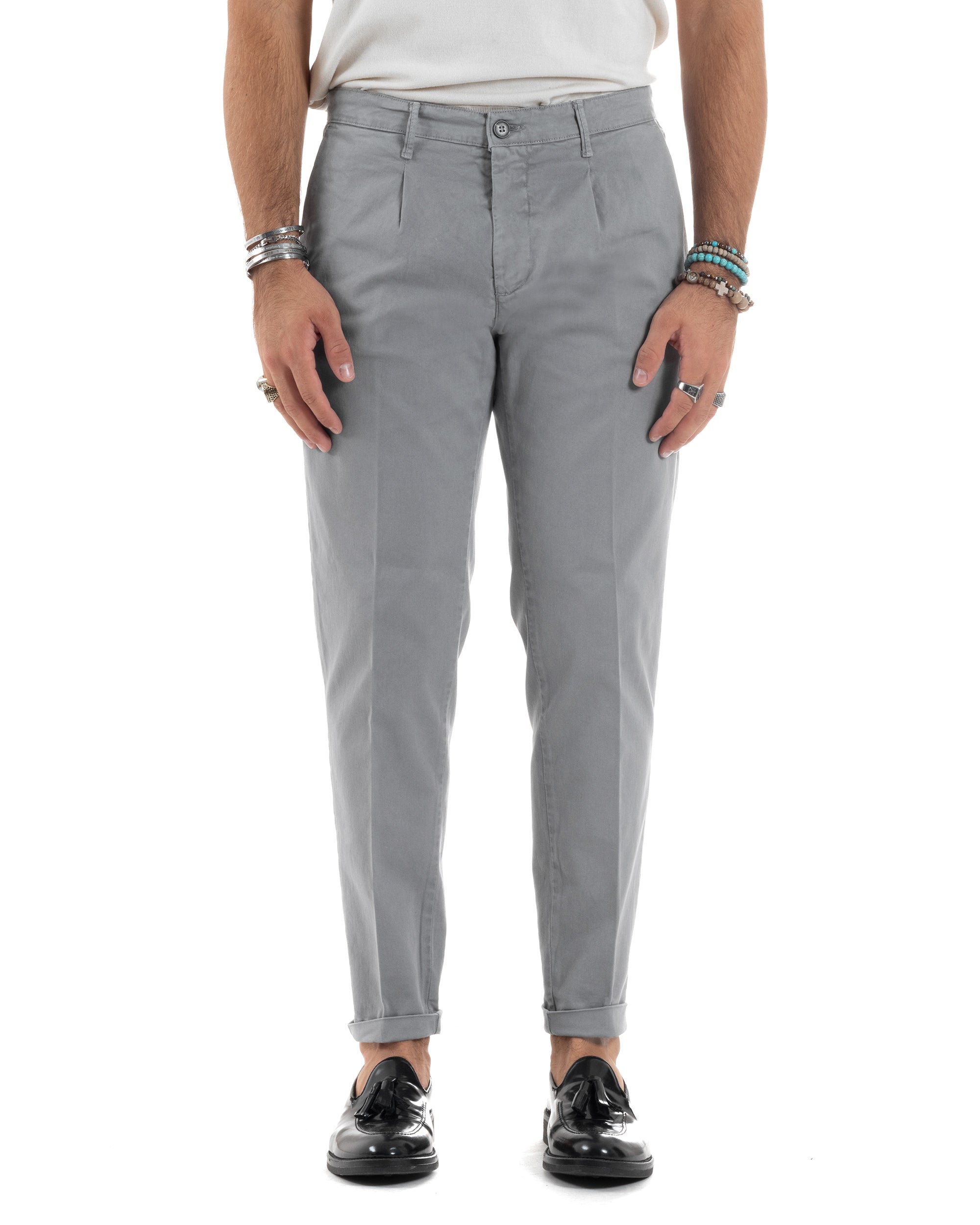 Pantaloni Uomo Cotone Chino Tasca America Capri Basic Sartoriale Slim Fit Casual Grigio GIOSAL-P6265A