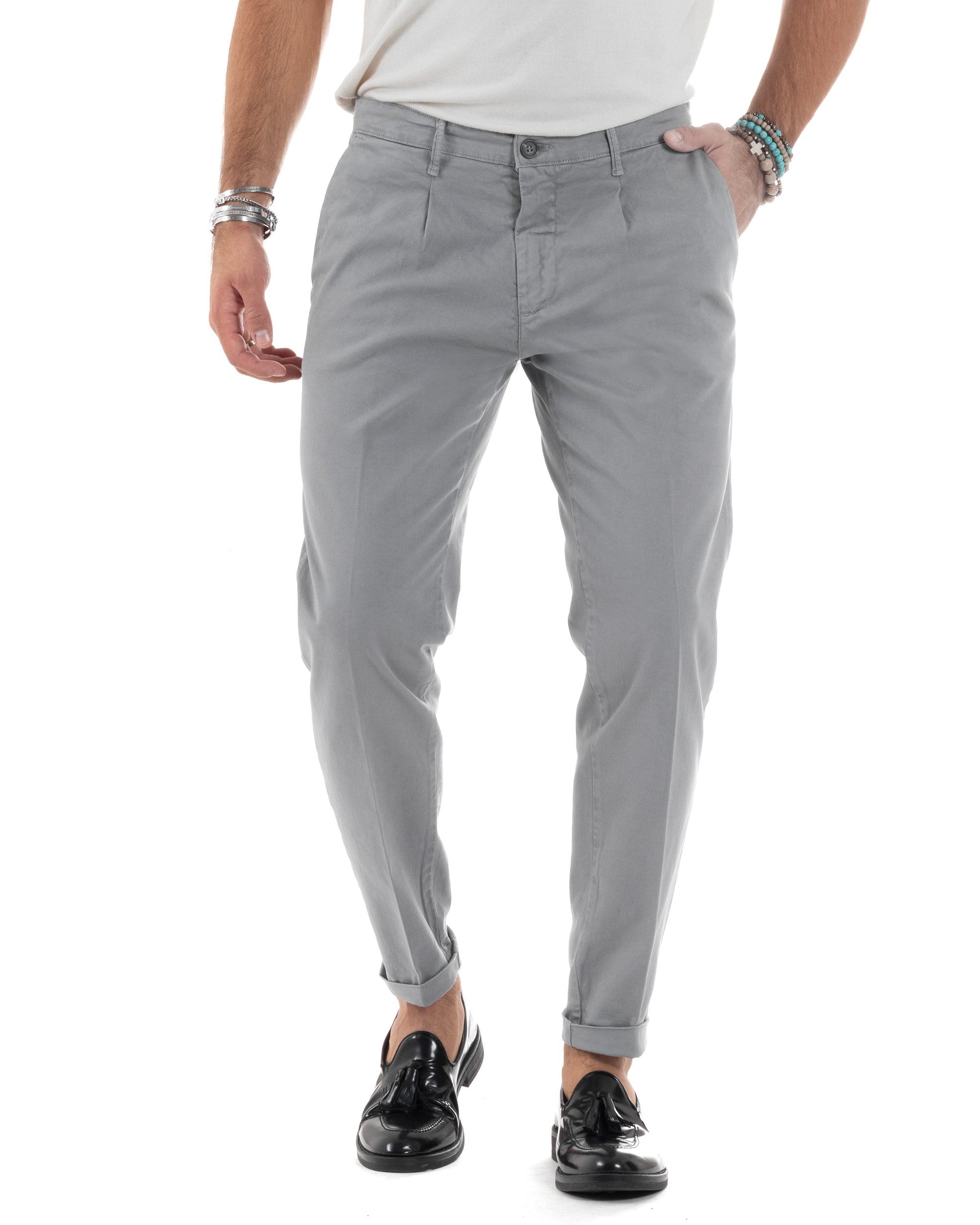 Pantaloni Uomo Cotone Chino Tasca America Capri Basic Sartoriale Slim Fit Casual Grigio GIOSAL-P6265A