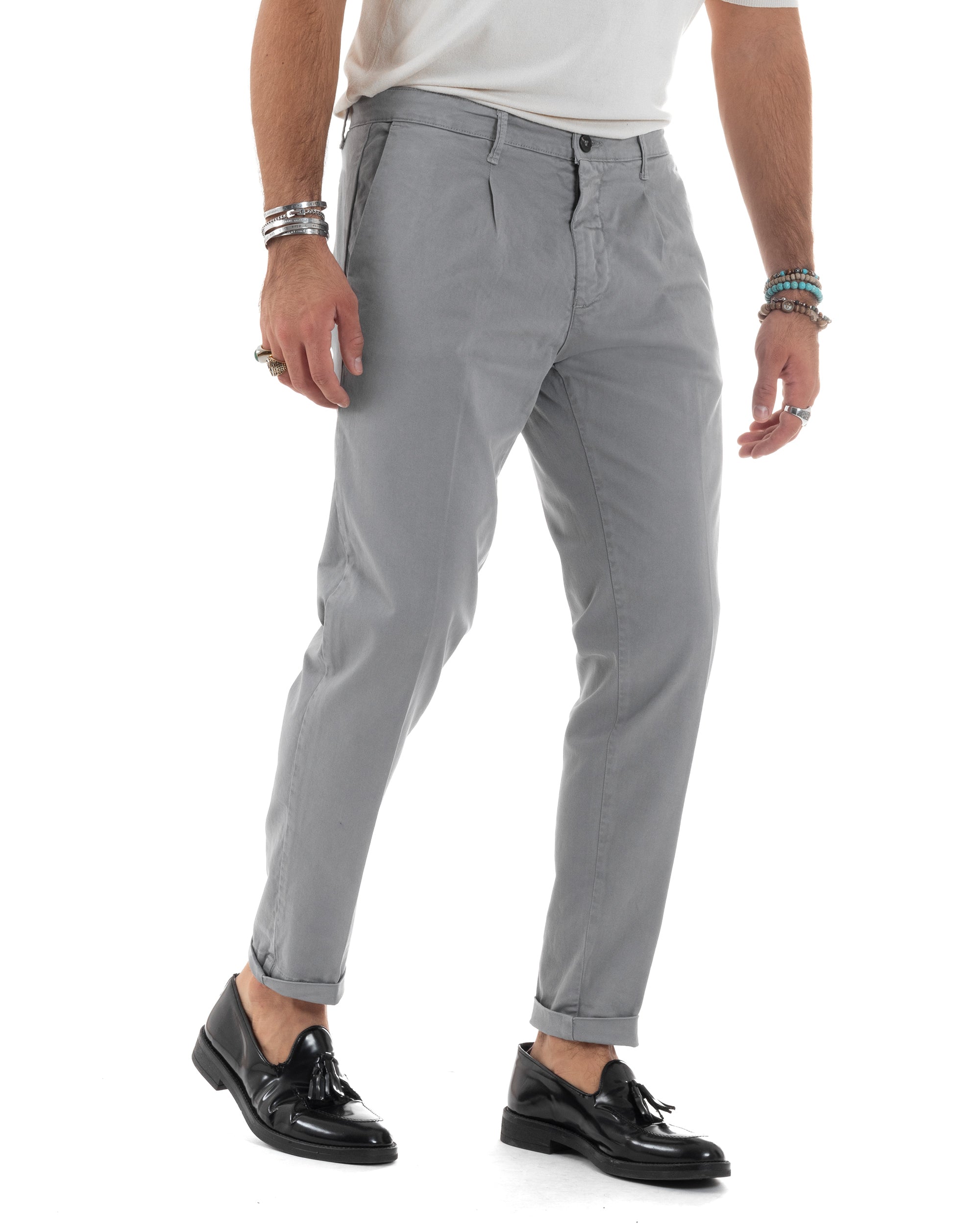 Pantaloni Uomo Cotone Chino Tasca America Capri Basic Sartoriale Slim Fit Casual Grigio GIOSAL-P6265A