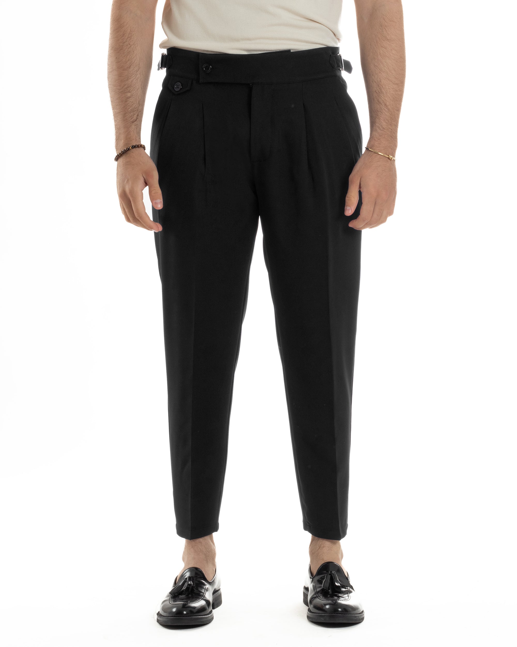 Pantaloni Uomo Classico Con Pinces Vita Alta Gurkha Pants Abbottonatura Allungata Fibbie Viscosa Estivo Casual Nero GIOSAL-P6267A