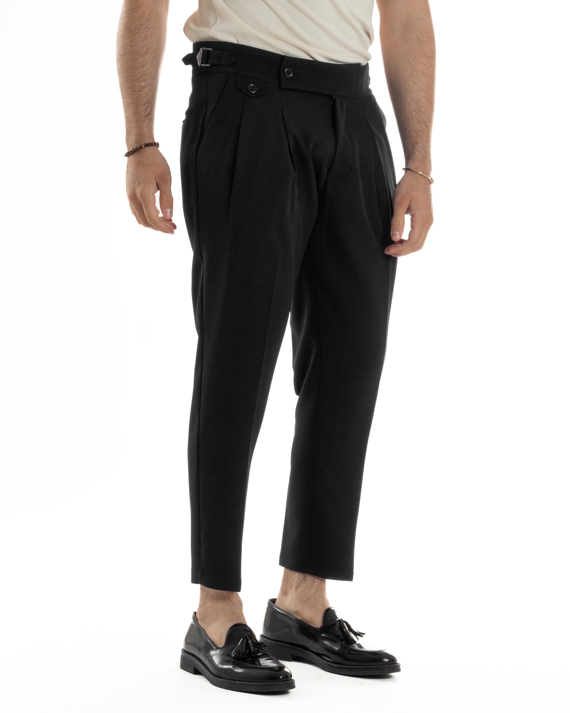 Pantaloni Uomo Classico Con Pinces Vita Alta Gurkha Pants Abbottonatura Allungata Fibbie Viscosa Estivo Casual Nero GIOSAL-P6267A