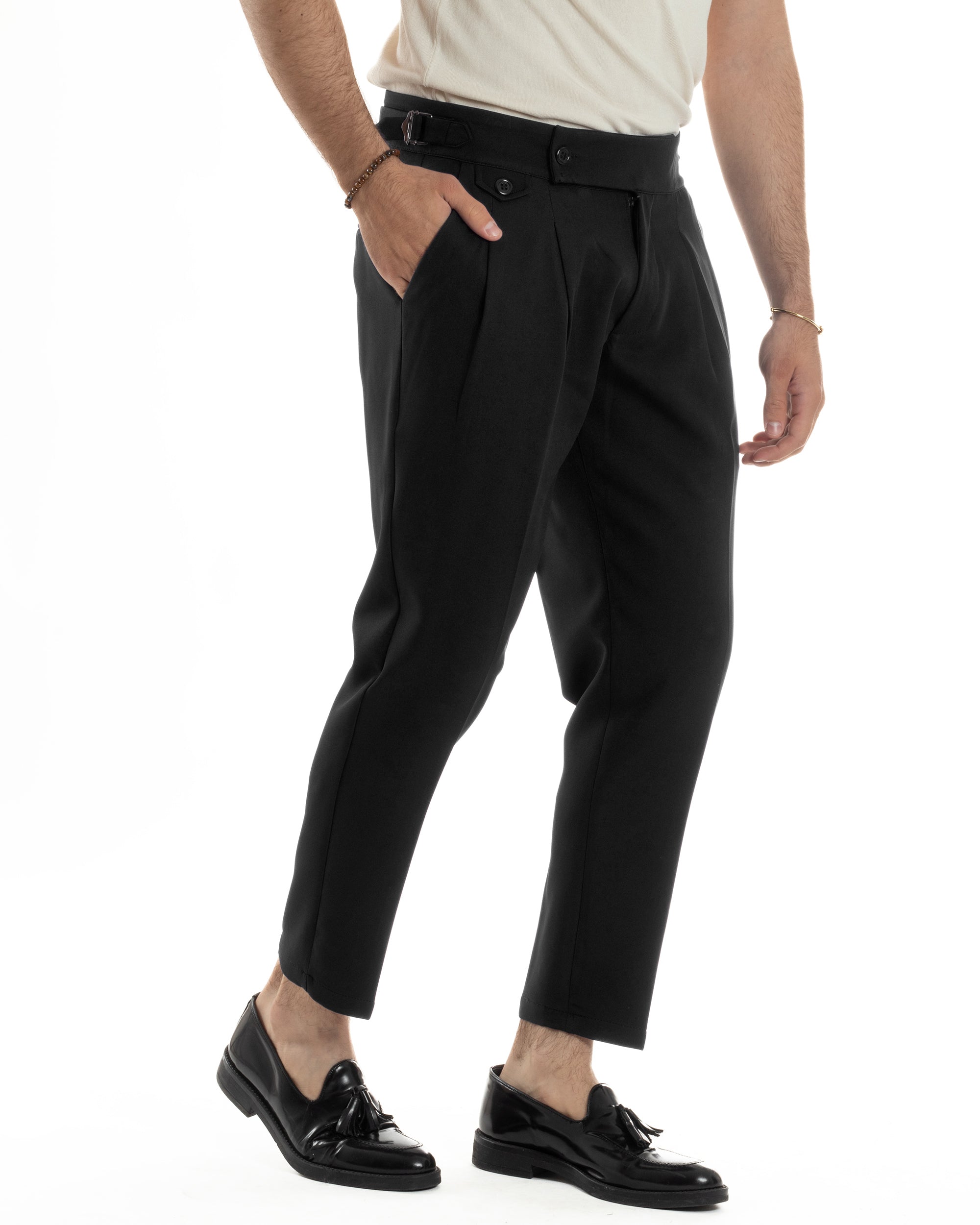 Pantaloni Uomo Classico Con Pinces Vita Alta Gurkha Pants Abbottonatura Allungata Fibbie Viscosa Estivo Casual Nero GIOSAL-P6267A