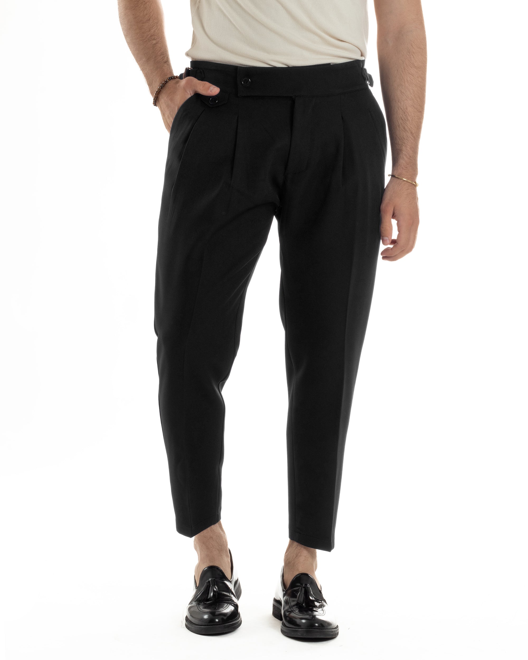 Pantaloni Uomo Classico Con Pinces Vita Alta Gurkha Pants Abbottonatura Allungata Fibbie Viscosa Estivo Casual Nero GIOSAL-P6267A