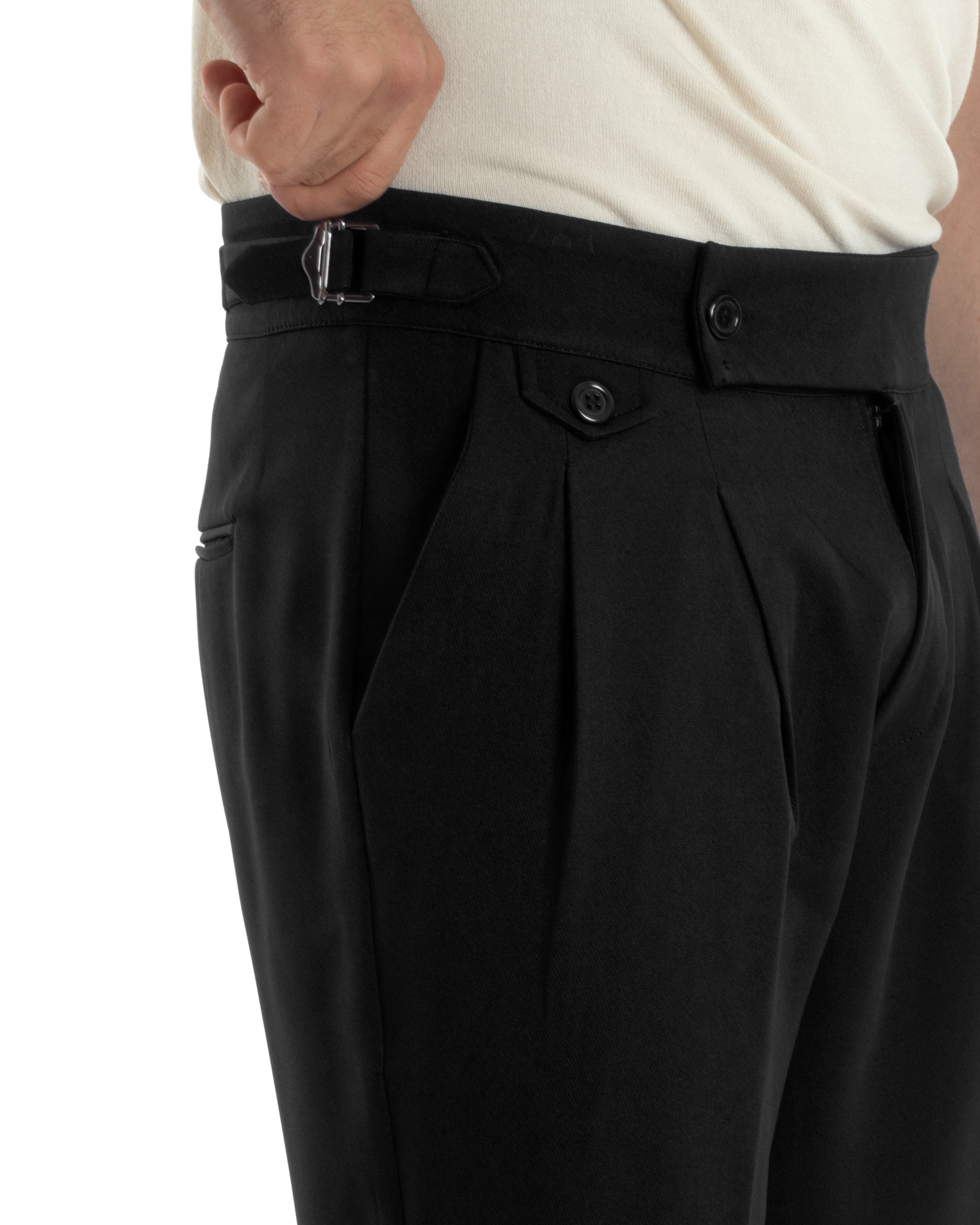 Pantaloni Uomo Classico Con Pinces Vita Alta Gurkha Pants Abbottonatura Allungata Fibbie Viscosa Estivo Casual Nero GIOSAL-P6267A