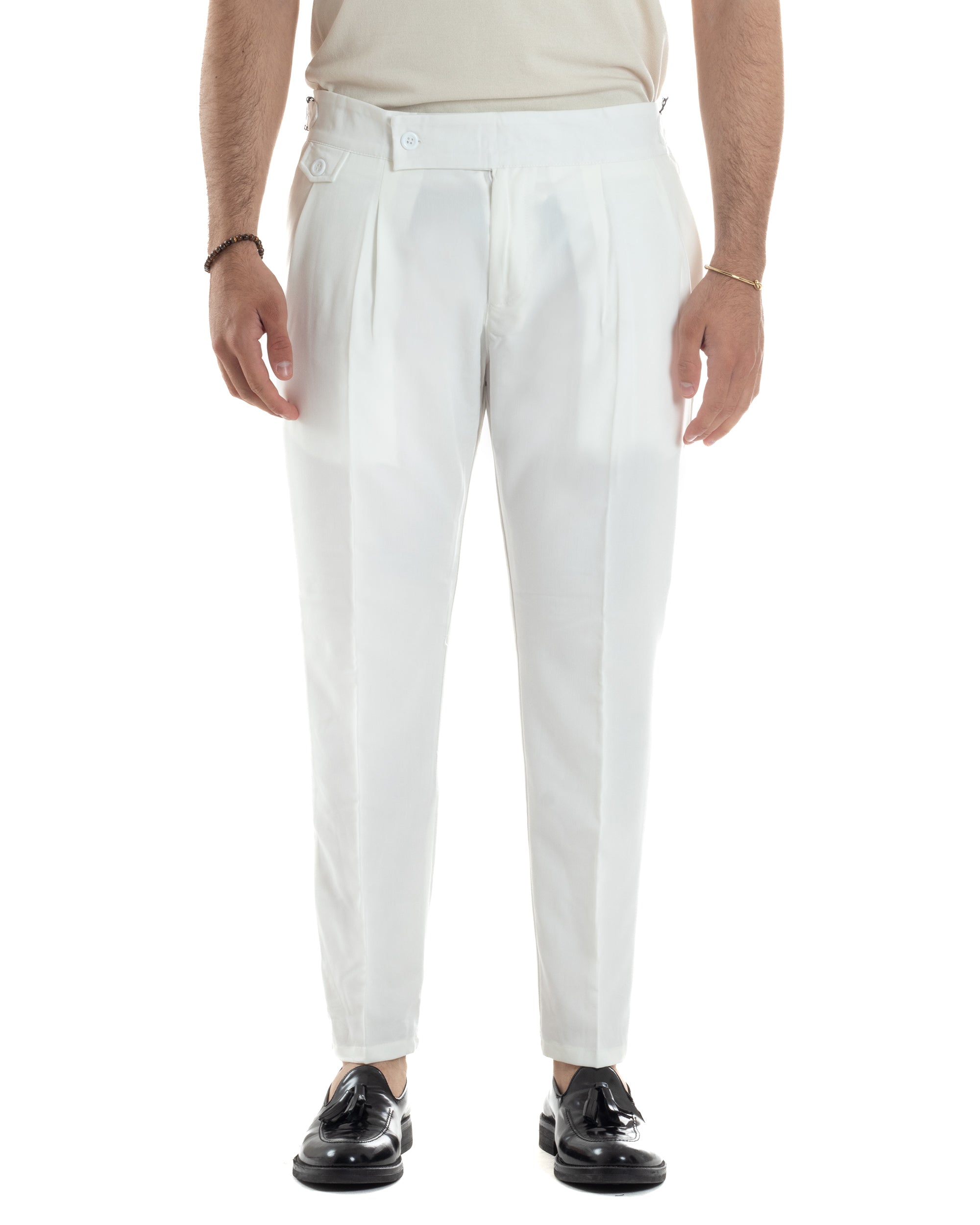 Pantaloni Uomo Classico Con Pinces Vita Alta Gurkha Pants Abbottonatura Allungata Fibbie Viscosa Estivo Casual Bianco GIOSAL-P6268A