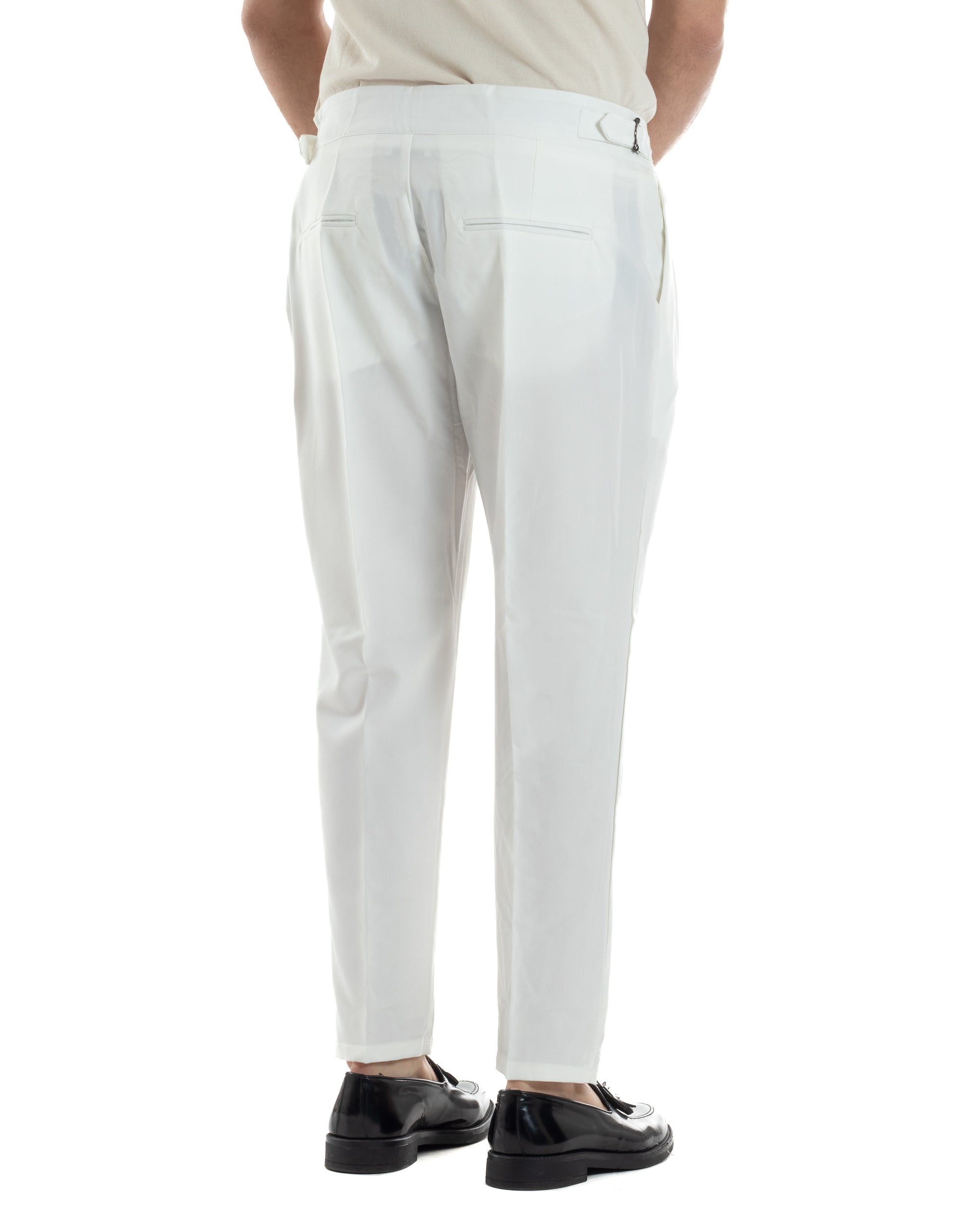 Pantaloni Uomo Classico Con Pinces Vita Alta Gurkha Pants Abbottonatura Allungata Fibbie Viscosa Estivo Casual Bianco GIOSAL-P6268A
