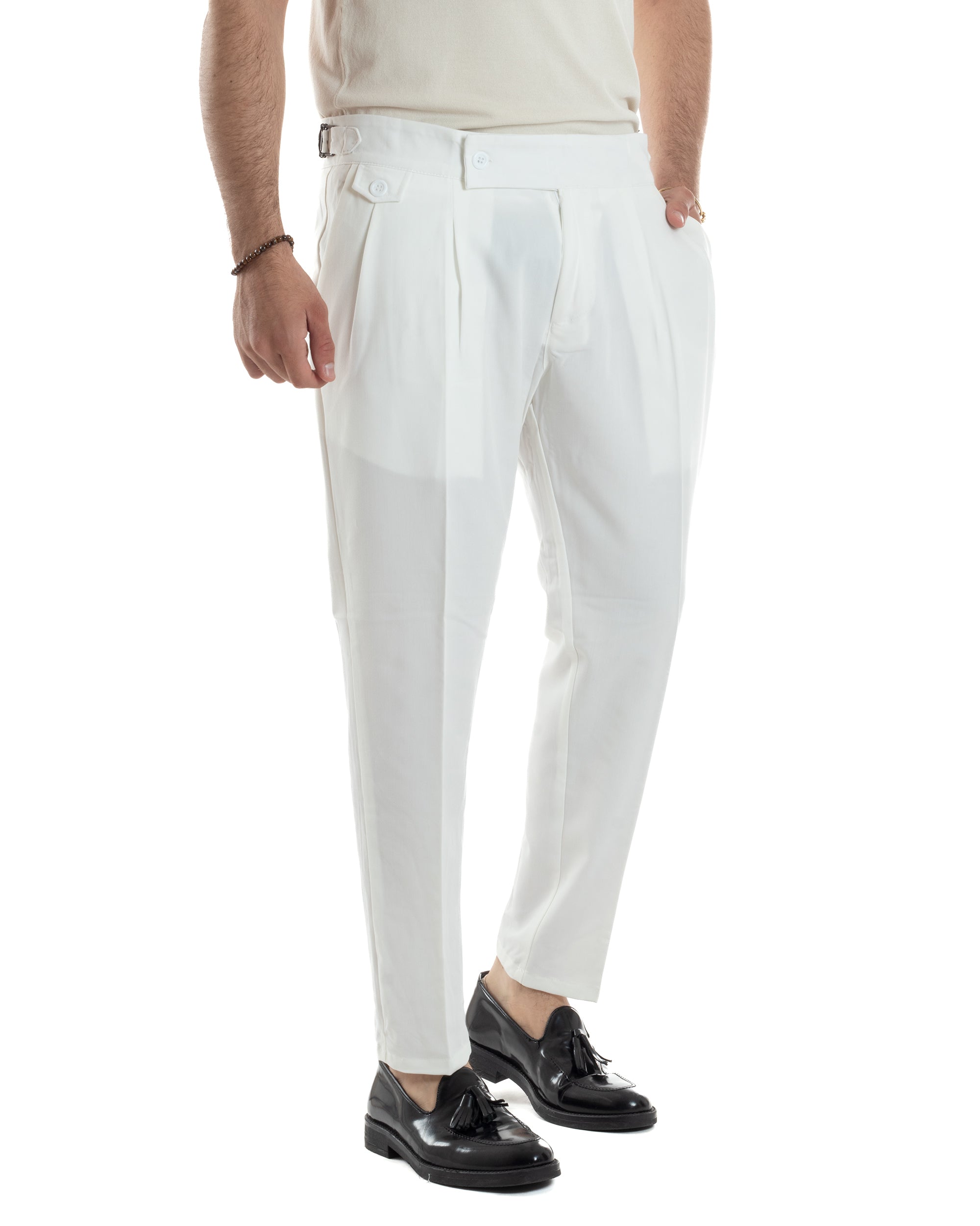 Pantaloni Uomo Classico Con Pinces Vita Alta Gurkha Pants Abbottonatura Allungata Fibbie Viscosa Estivo Casual Bianco GIOSAL-P6268A