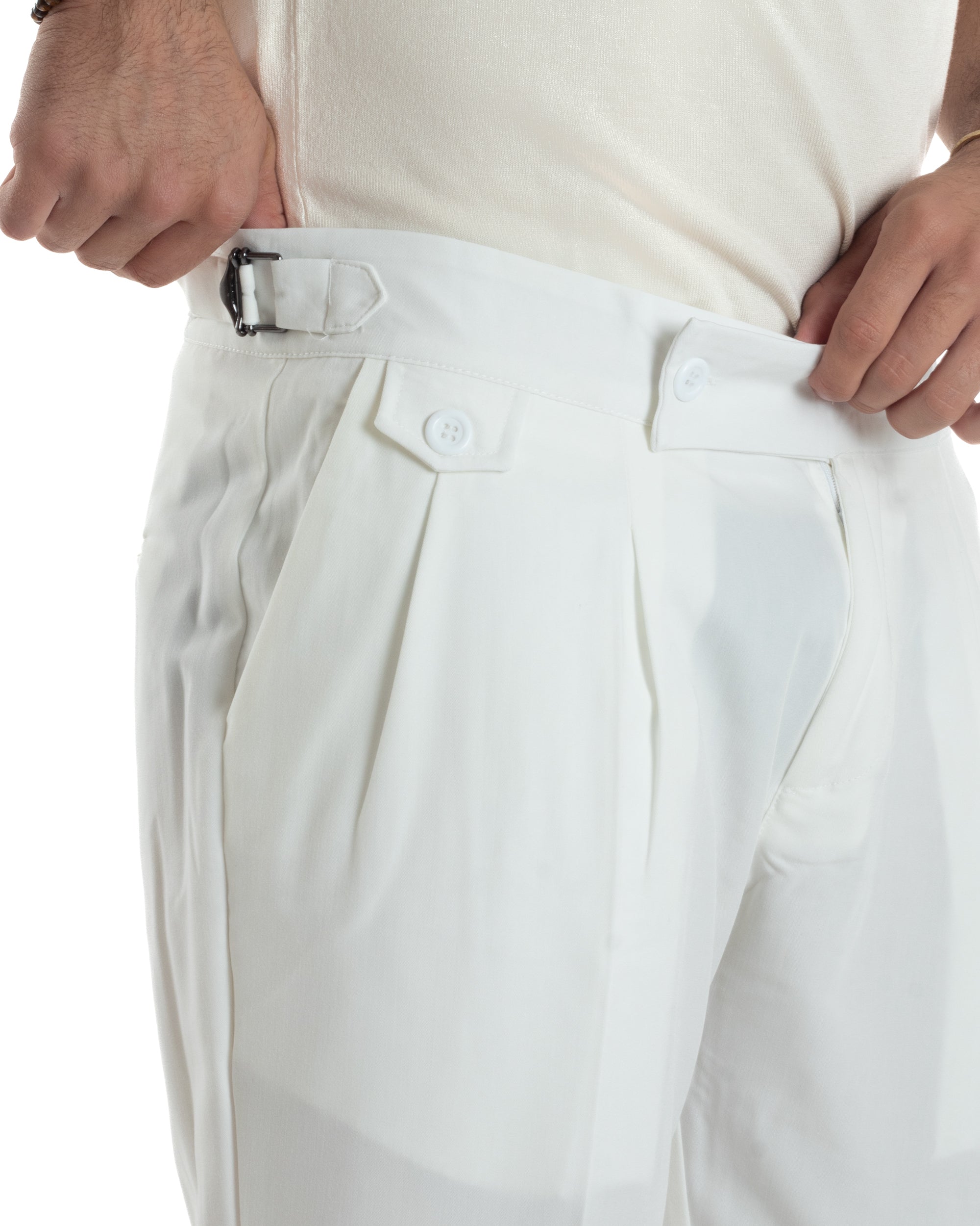 Pantaloni Uomo Classico Con Pinces Vita Alta Gurkha Pants Abbottonatura Allungata Fibbie Viscosa Estivo Casual Bianco GIOSAL-P6268A