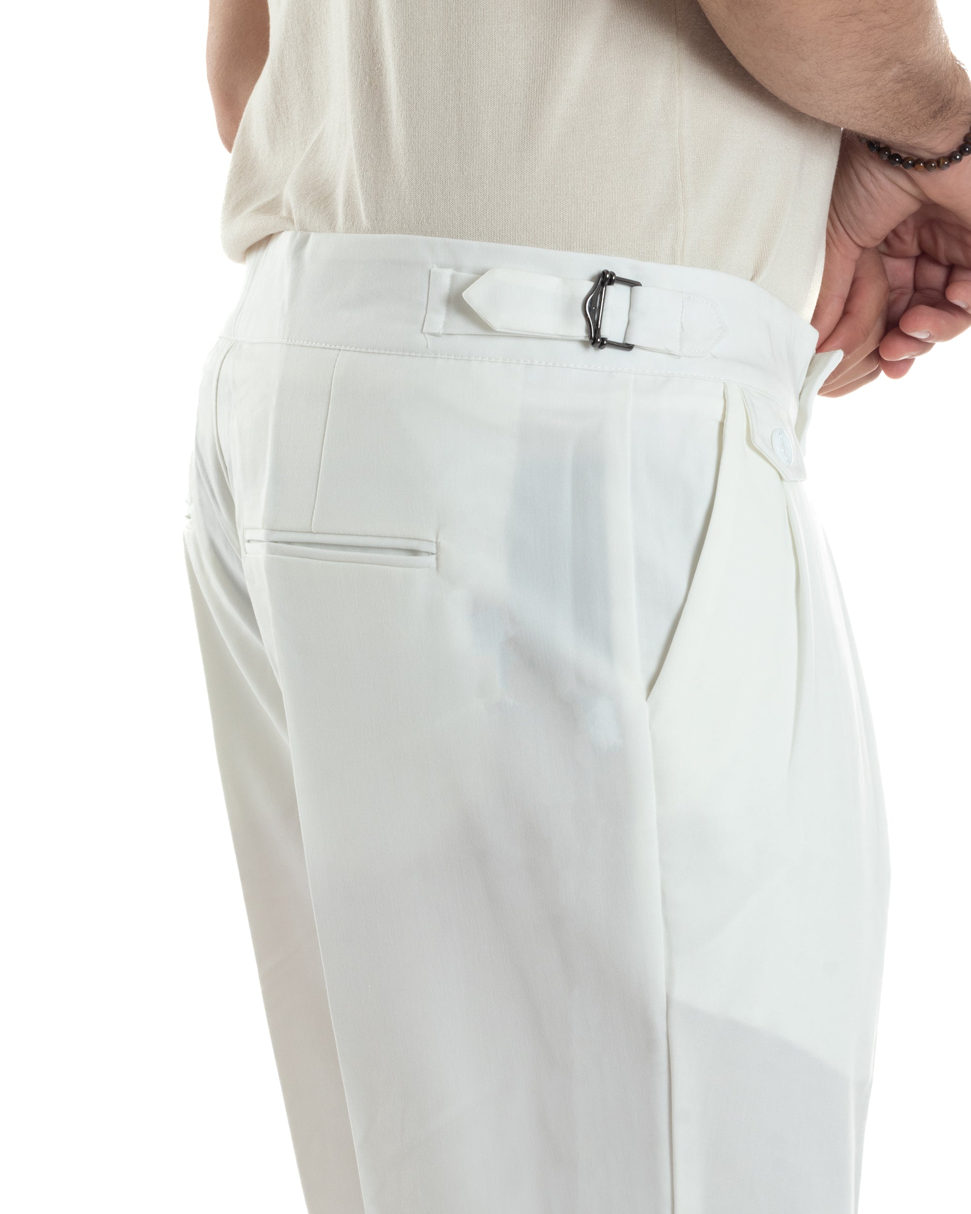 Pantaloni Uomo Classico Con Pinces Vita Alta Gurkha Pants Abbottonatura Allungata Fibbie Viscosa Estivo Casual Bianco GIOSAL-P6268A