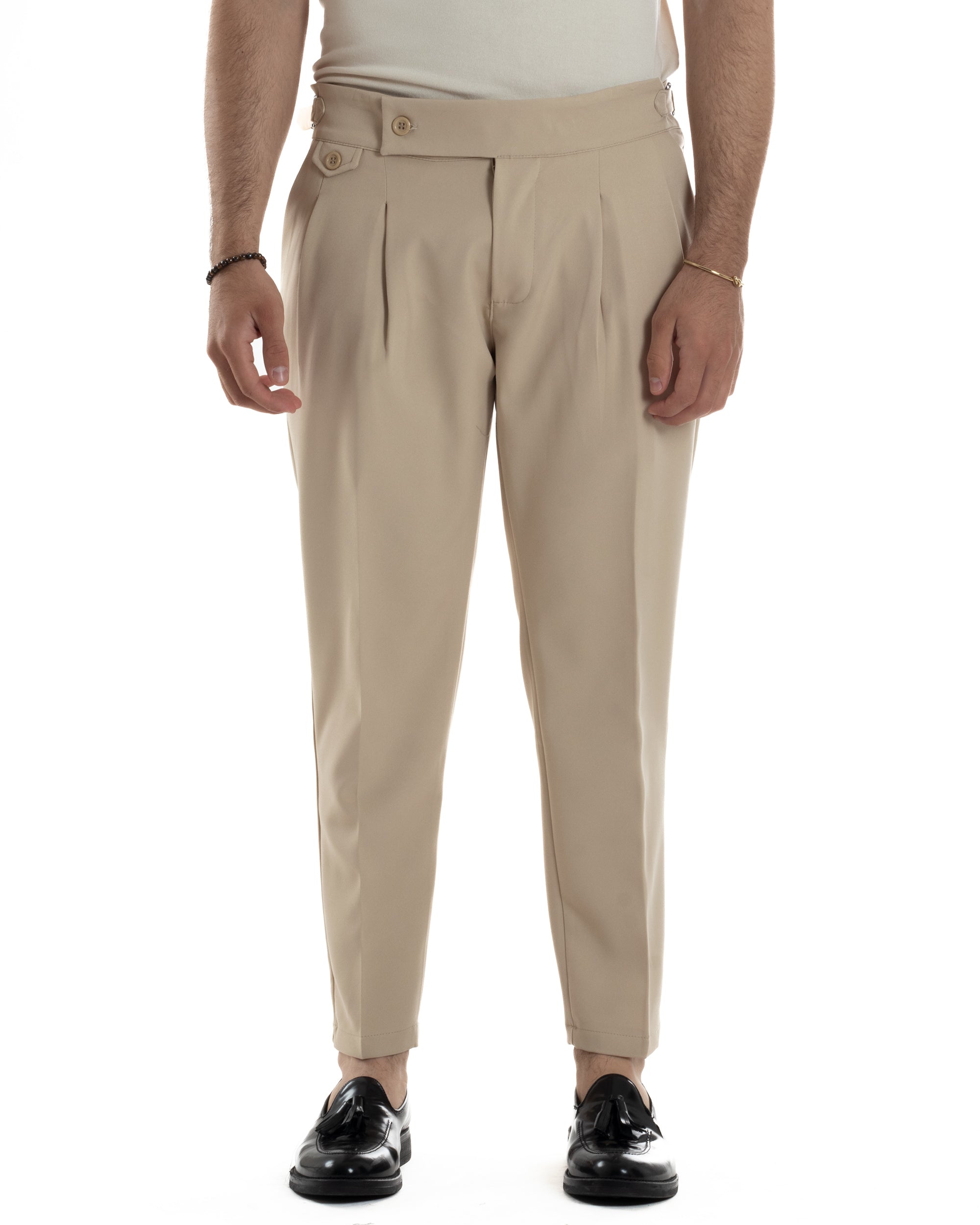 Pantaloni Uomo Classico Con Pinces Vita Alta Gurkha Pants Abbottonatura Allungata Fibbie Viscosa Estivo Casual Beige GIOSAL-P6270A