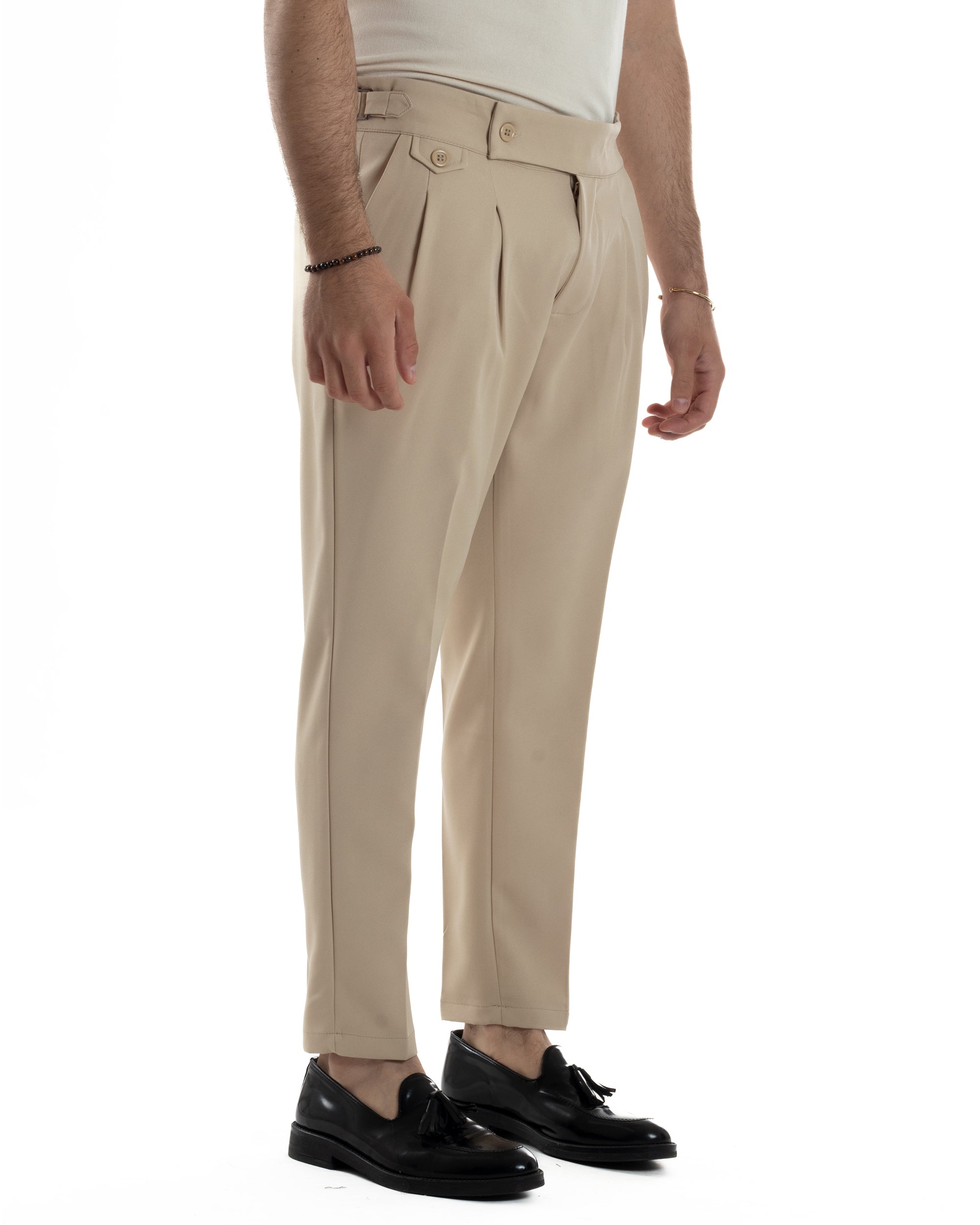 Pantaloni Uomo Classico Con Pinces Vita Alta Gurkha Pants Abbottonatura Allungata Fibbie Viscosa Estivo Casual Beige GIOSAL-P6270A