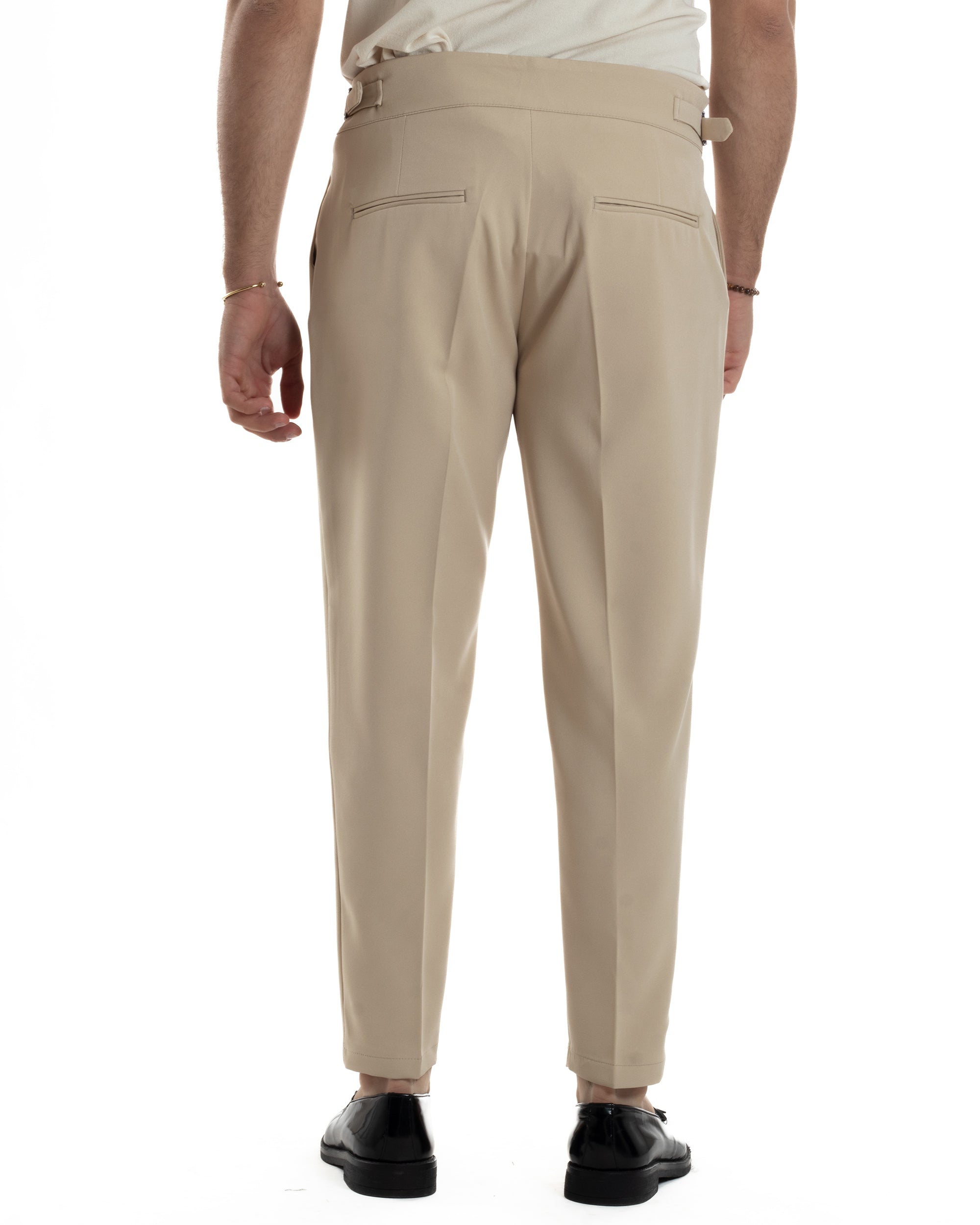 Pantaloni Uomo Classico Con Pinces Vita Alta Gurkha Pants Abbottonatura Allungata Fibbie Viscosa Estivo Casual Beige GIOSAL-P6270A