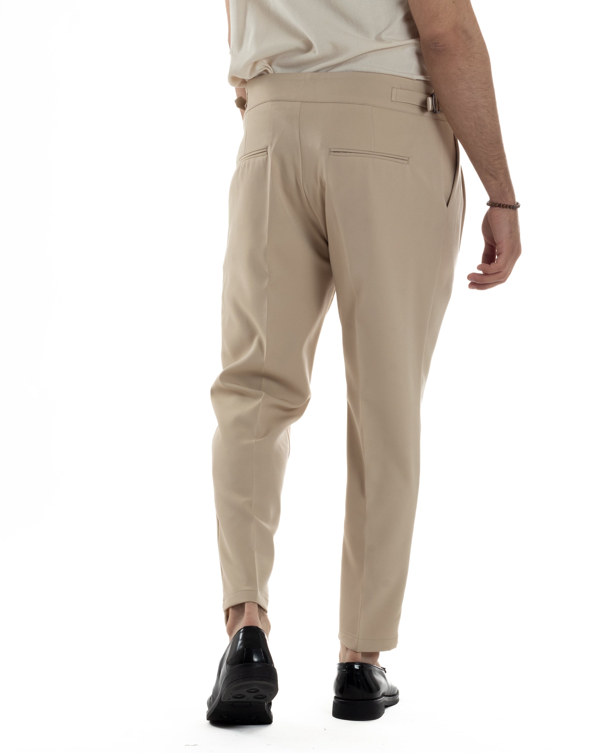 Pantaloni Uomo Classico Con Pinces Vita Alta Gurkha Pants Abbottonatura Allungata Fibbie Viscosa Estivo Casual Beige GIOSAL-P6270A