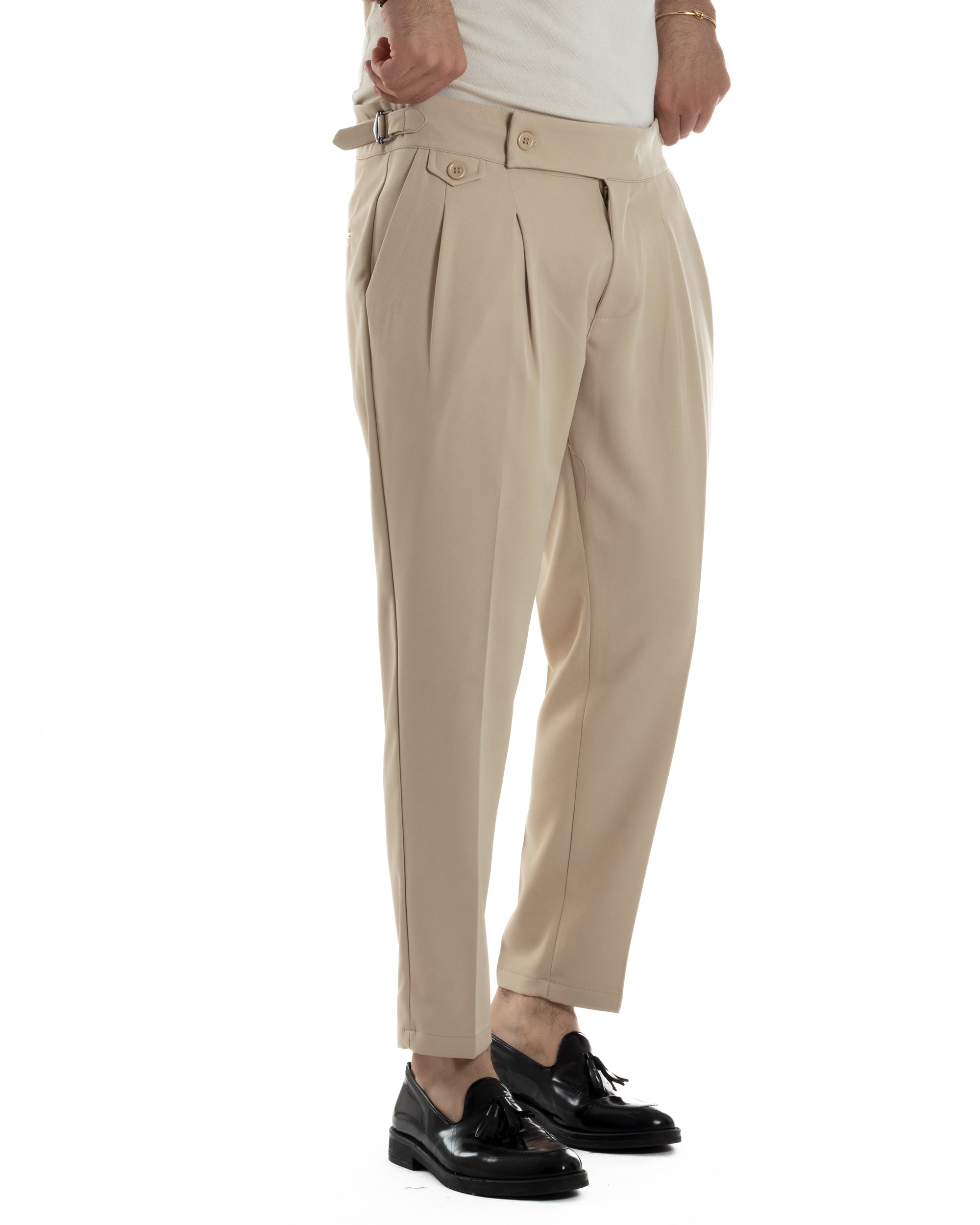 Pantaloni Uomo Classico Con Pinces Vita Alta Gurkha Pants Abbottonatura Allungata Fibbie Viscosa Estivo Casual Beige GIOSAL-P6270A