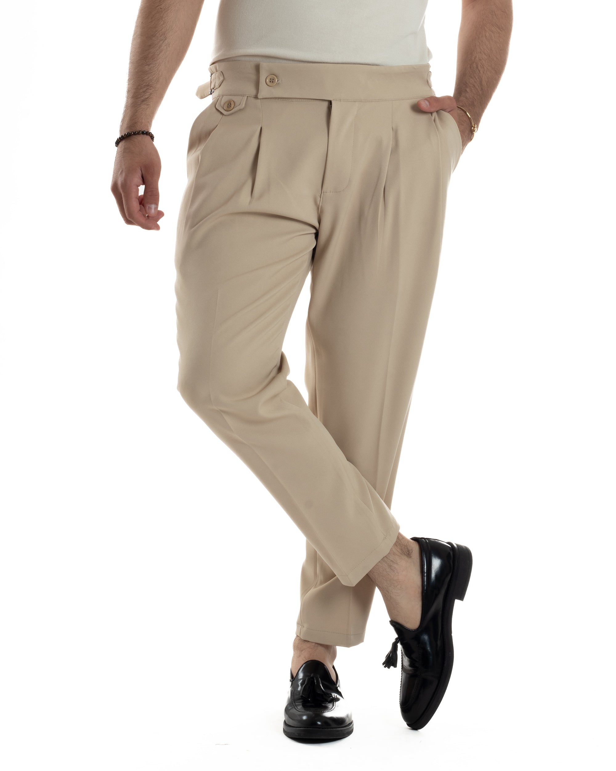 Pantaloni Uomo Classico Con Pinces Vita Alta Gurkha Pants Abbottonatura Allungata Fibbie Viscosa Estivo Casual Beige GIOSAL-P6270A