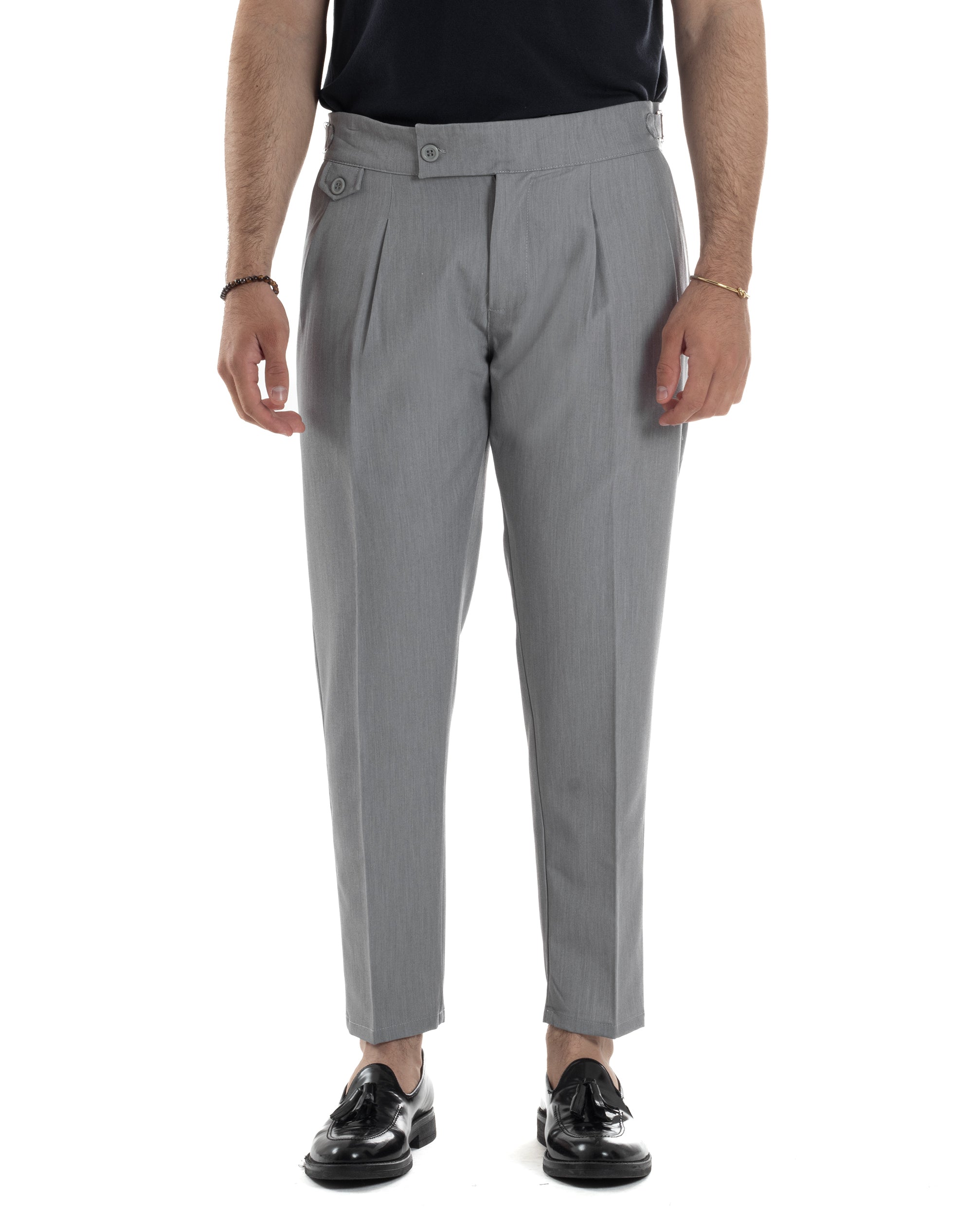 Pantaloni Uomo Classico Con Pinces Vita Alta Gurkha Pants Abbottonatura Allungata Fibbie Viscosa Estivo Casual Grigio GIOSAL-P6271A