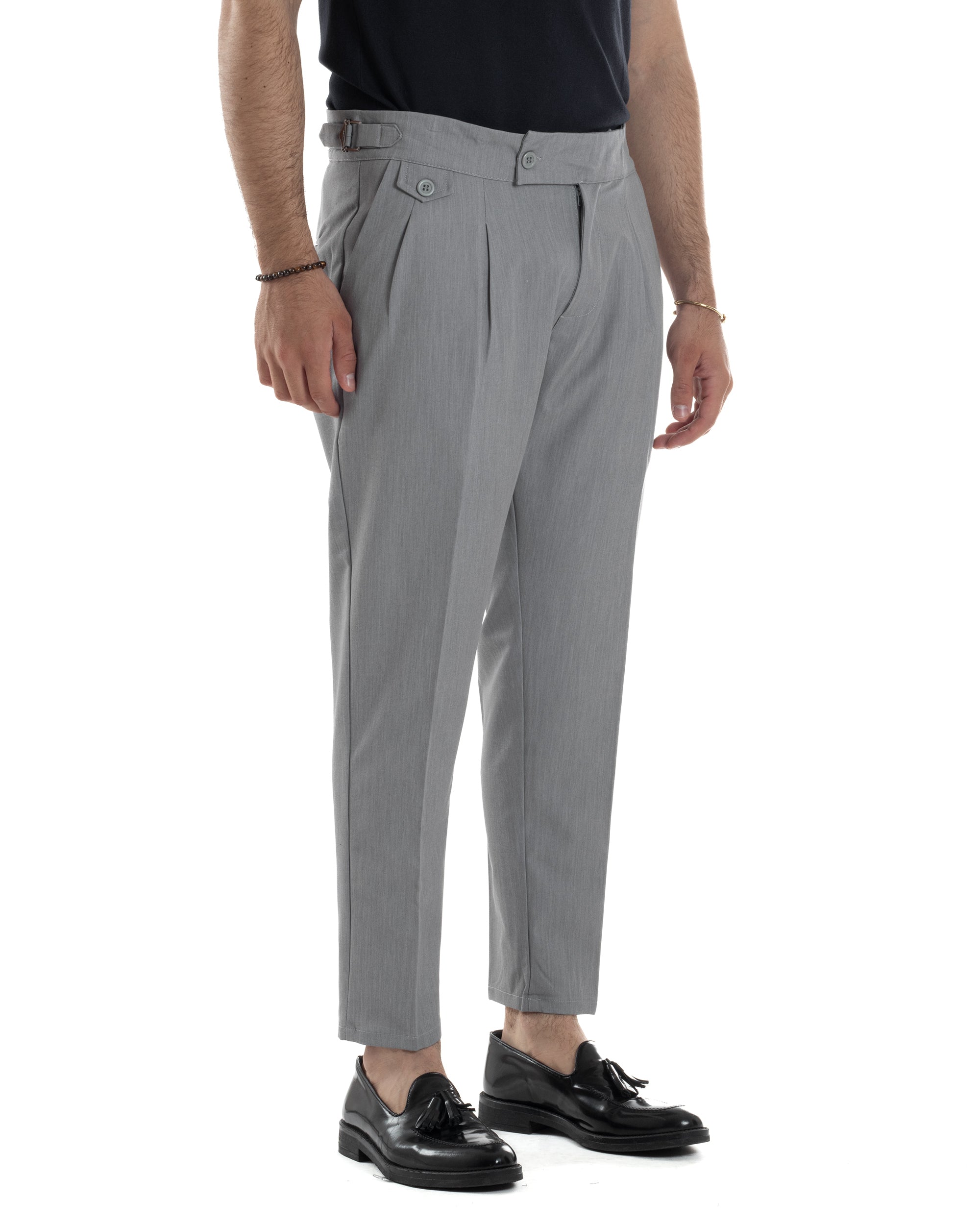 Pantaloni Uomo Classico Con Pinces Vita Alta Gurkha Pants Abbottonatura Allungata Fibbie Viscosa Estivo Casual Grigio GIOSAL-P6271A