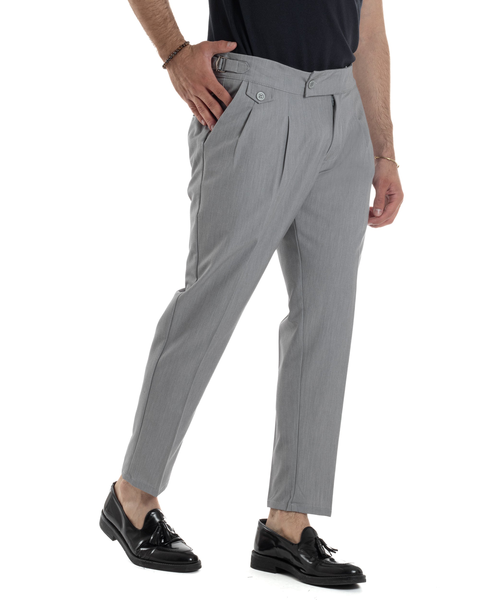 Pantaloni Uomo Classico Con Pinces Vita Alta Gurkha Pants Abbottonatura Allungata Fibbie Viscosa Estivo Casual Grigio GIOSAL-P6271A