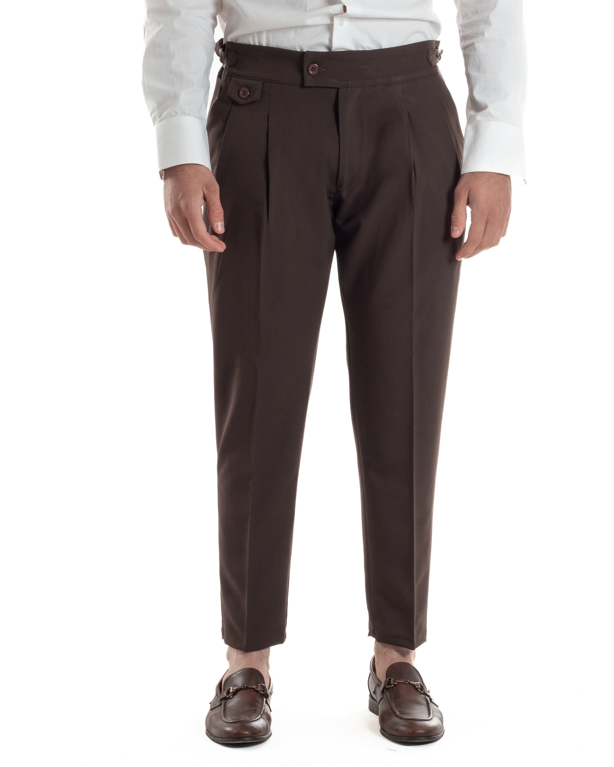 Pantaloni Uomo Classico Con Pinces Vita Alta Gurkha Pants Abbottonatura Allungata Fibbie Viscosa Estivo Casual Marrone GIOSAL-P6273A